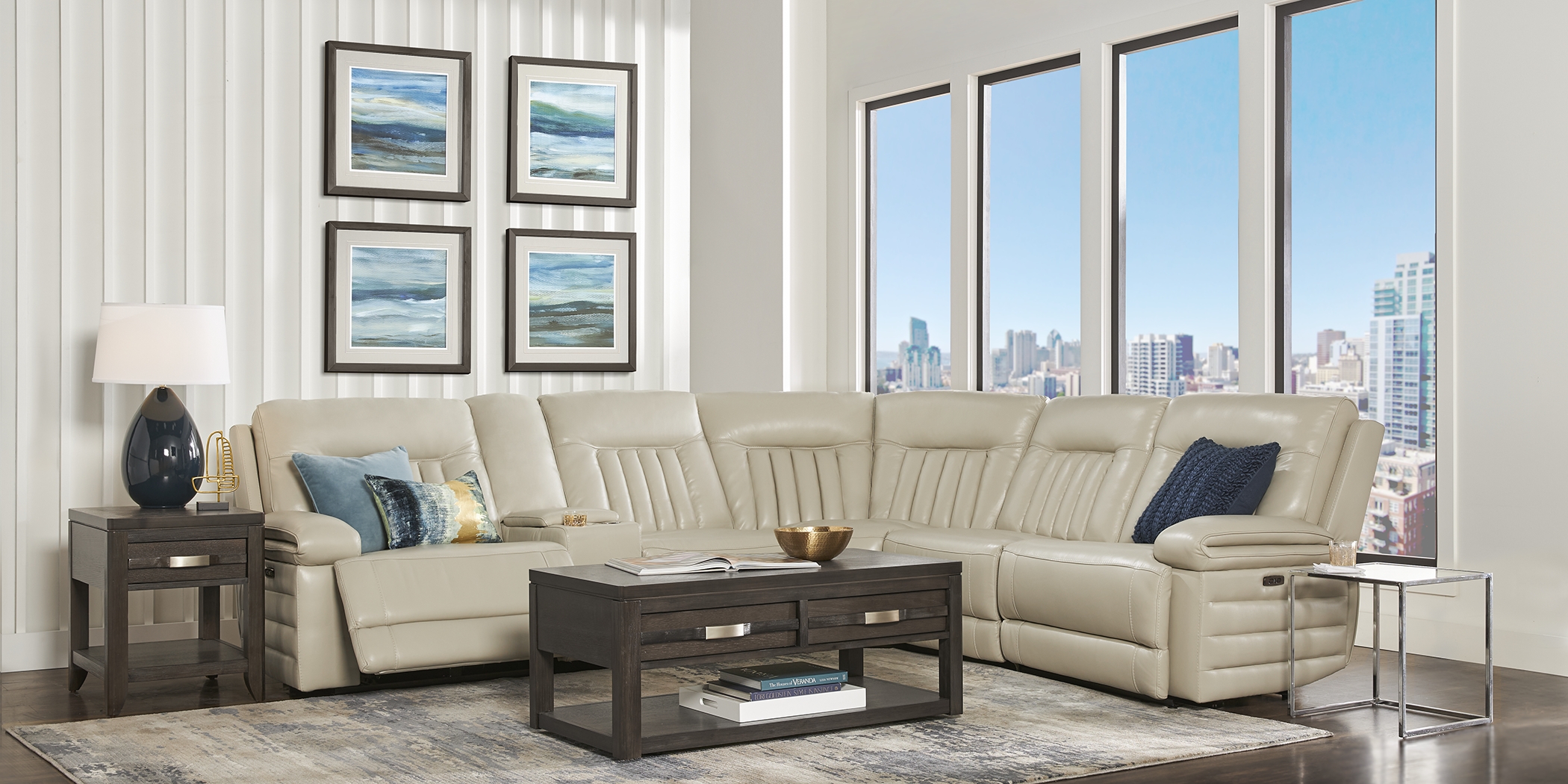 Terenzo Beige Leather 9 Pc Dual Power Reclining Sectional Living Room - Thumbnail - Image 1