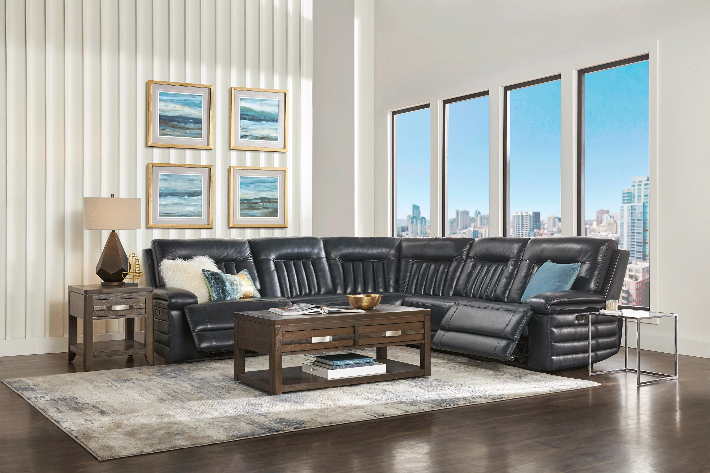 Terenzo Blue Leather 5 Pc Dual Power Reclining Sectional - Thumbnail - Image 2