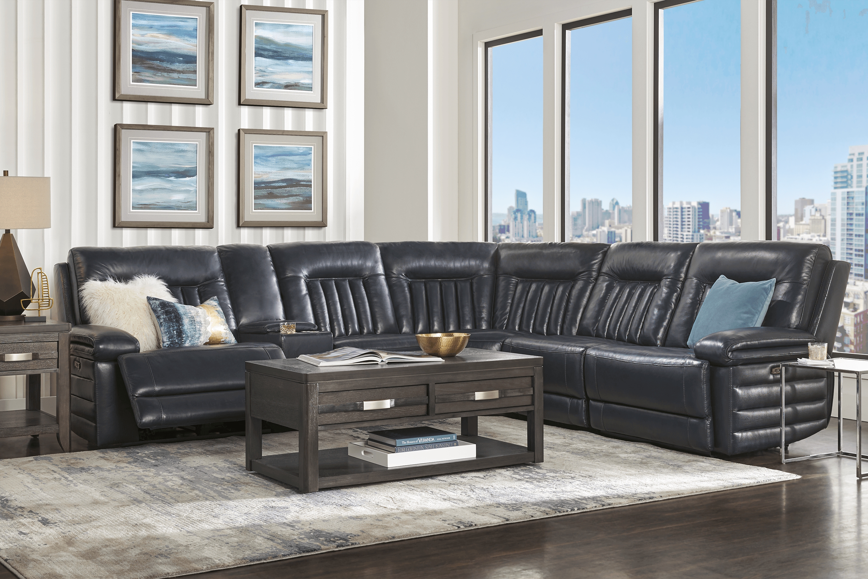 Terenzo Blue Leather 6 Pc Dual Power Reclining Sectional - Thumbnail - Image 2