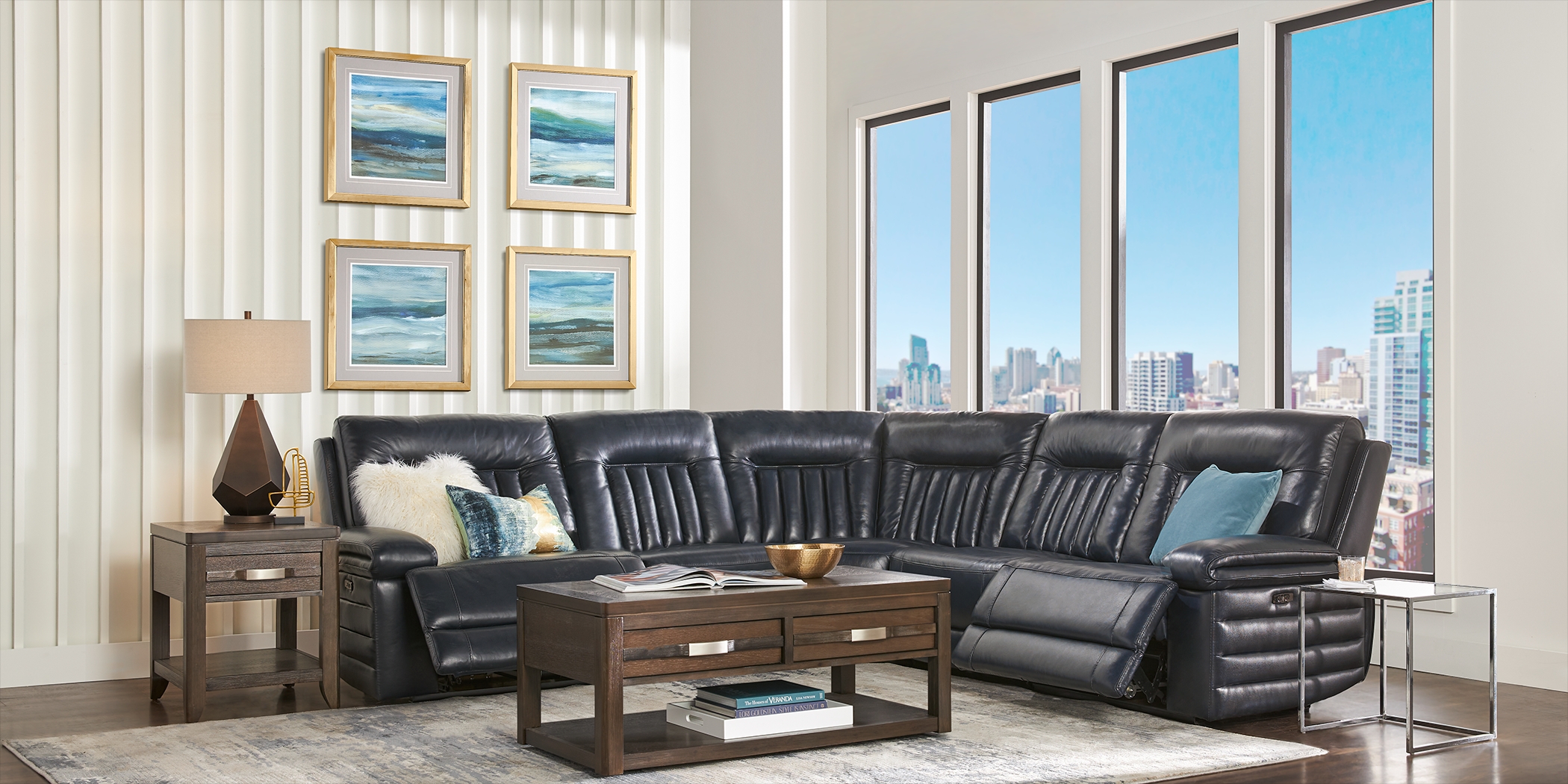 Terenzo Blue Leather 9 Pc Dual Power Reclining Sectional Living Room - Thumbnail - Image 1