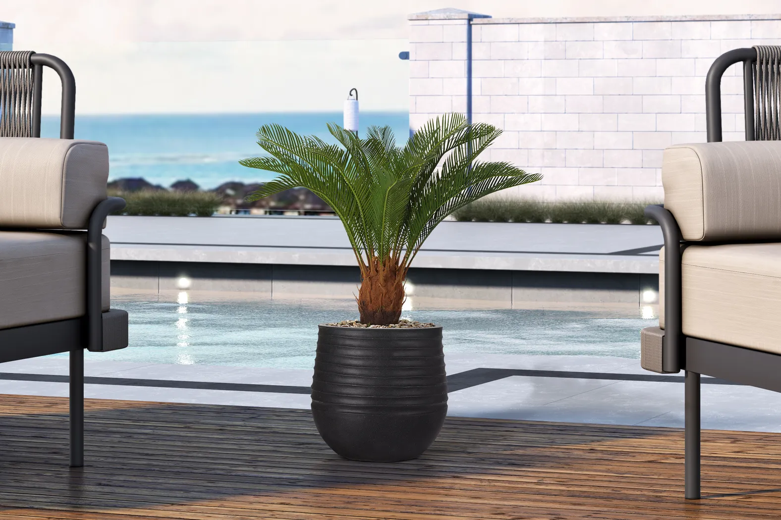 Terralis 38 in. Green UV Artificial Palm Plant in Black Planter - Thumbnail - Image 2