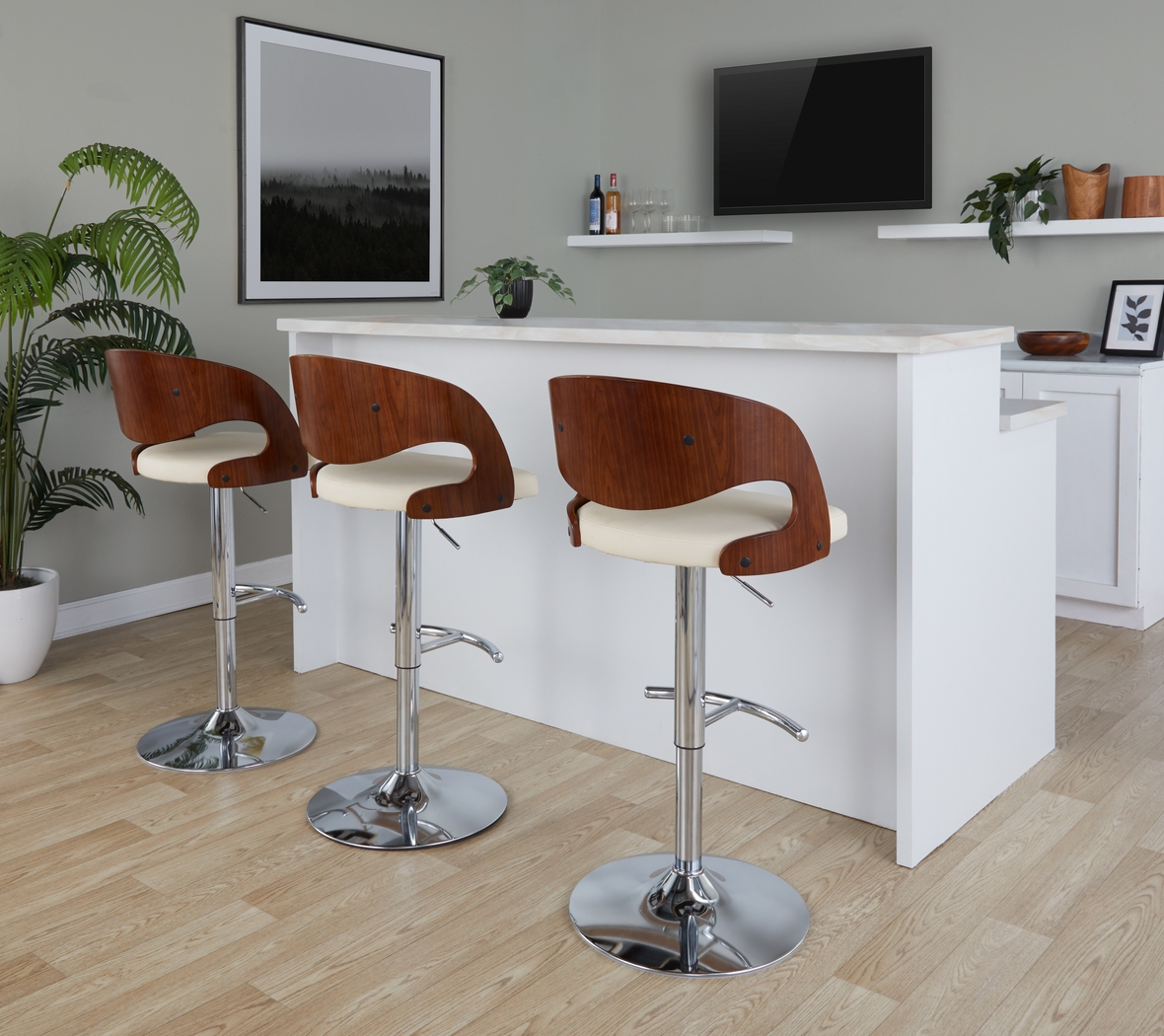 Tescord IV Cream Adjustable Swivel Barstool, Set of 3 - Thumbnail - Image 3