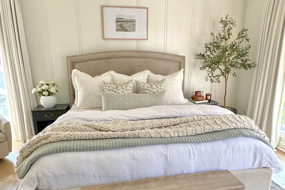 A bedroom with a bed, pillows, and a blanket. There is a plant and a picture on the wall.
