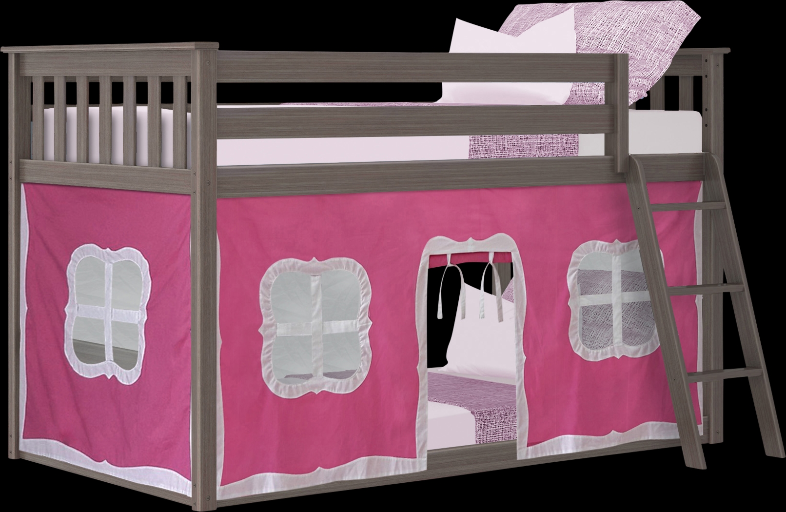 Kids Thorsten Brown Twin/Twin Low Bunk Bed with Pink Tent - Thumbnail - Image 2