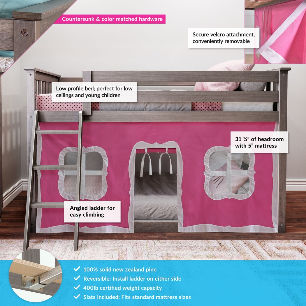 Kids Thorsten Brown Twin/Twin Low Bunk Bed with Pink Tent - Thumbnail - Image 3