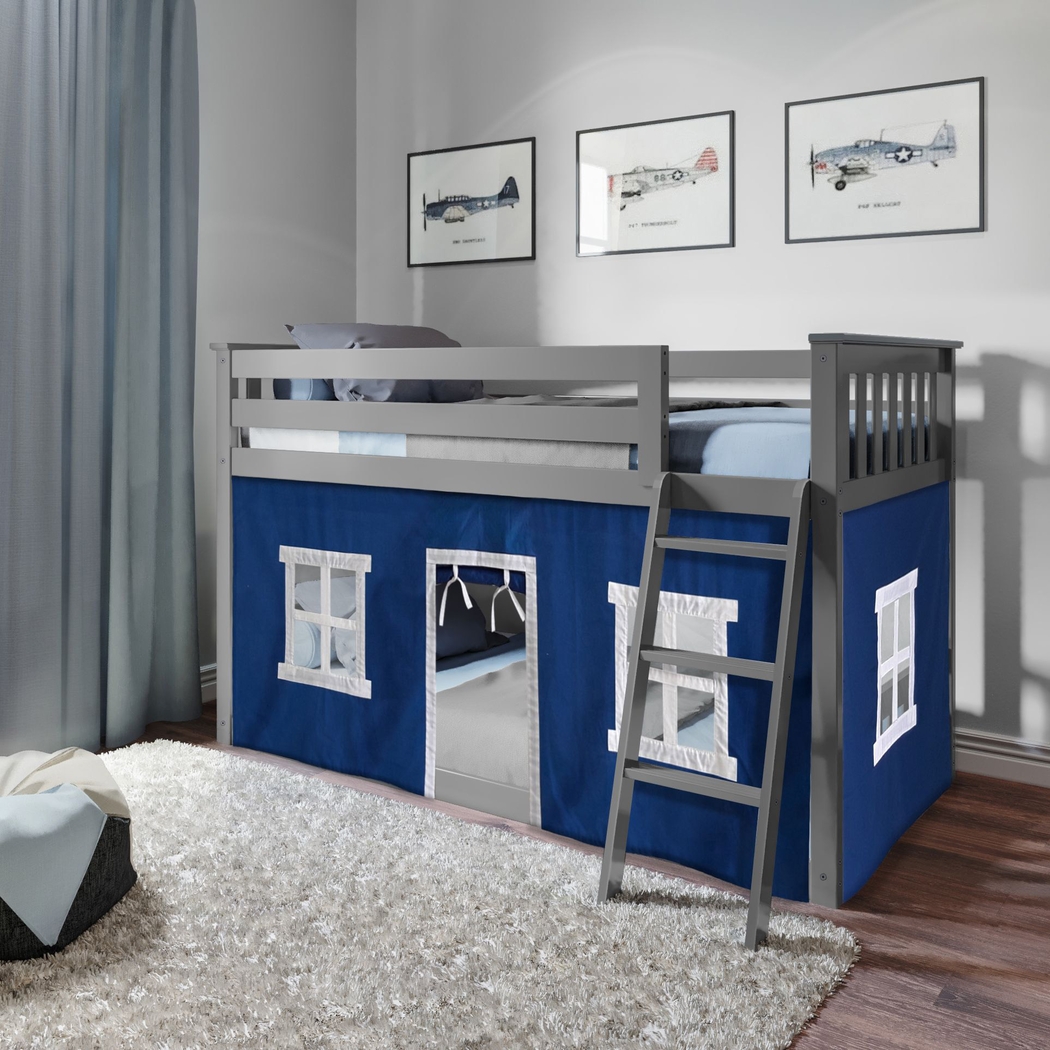 Kids Thorsten Gray Twin/Twin Low Bunk Bed with Blue Tent - Thumbnail - Image 1