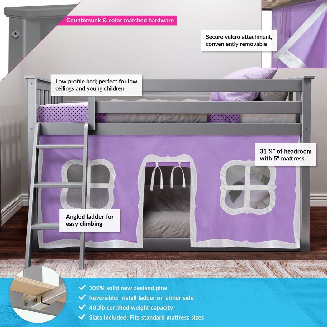 Kids Thorsten Gray Twin/Twin Low Bunk Bed with Purple Tent - Thumbnail - Image 3