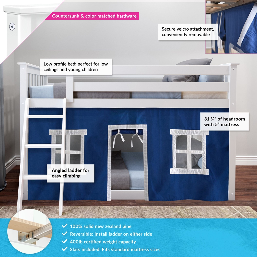 Kids Thorsten White Twin/Twin Low Bunk Bed with Blue Tent - Thumbnail - Image 3