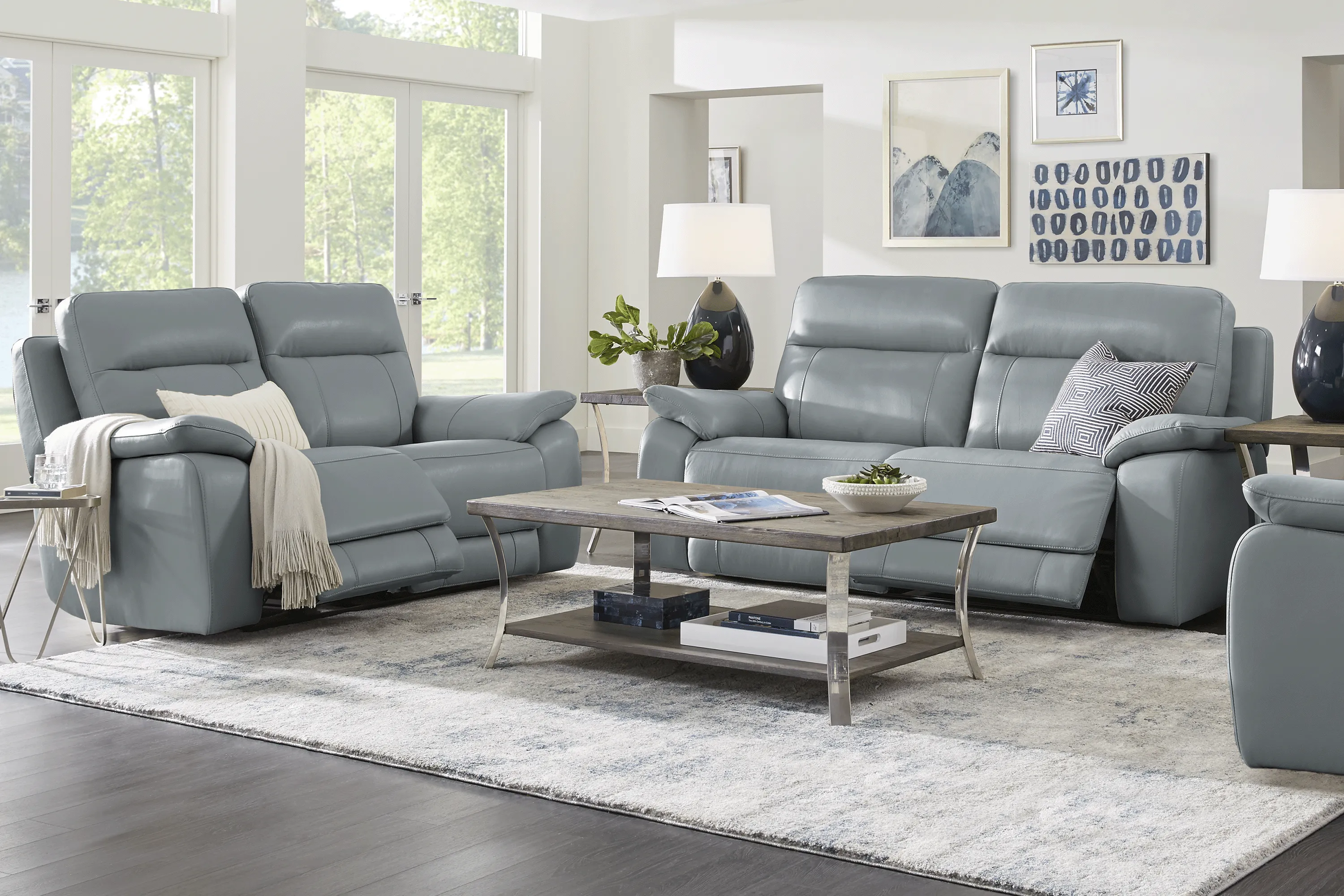Torini Blue Leather 2 Pc Reclining Living Room - Thumbnail - Image 1