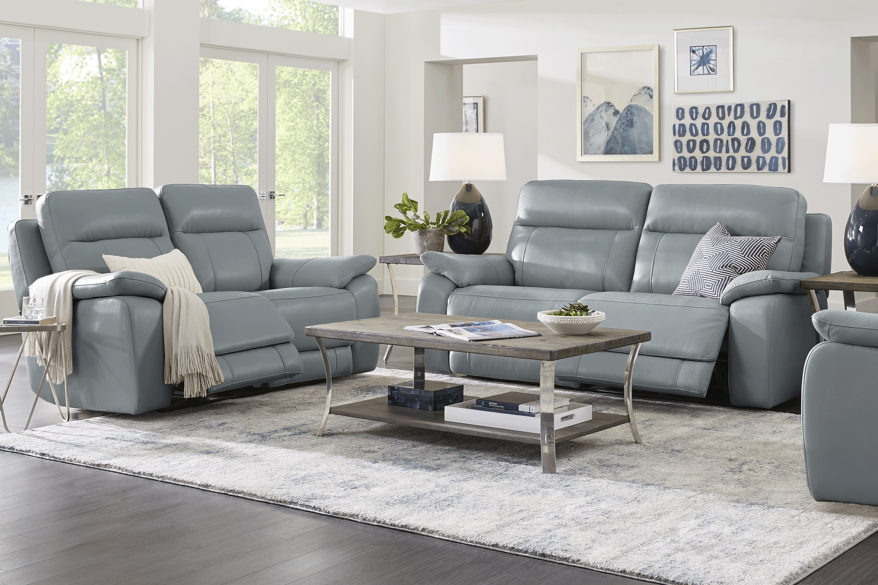 Torini Blue Leather 5 Pc Reclining Living Room - Thumbnail - Image 1
