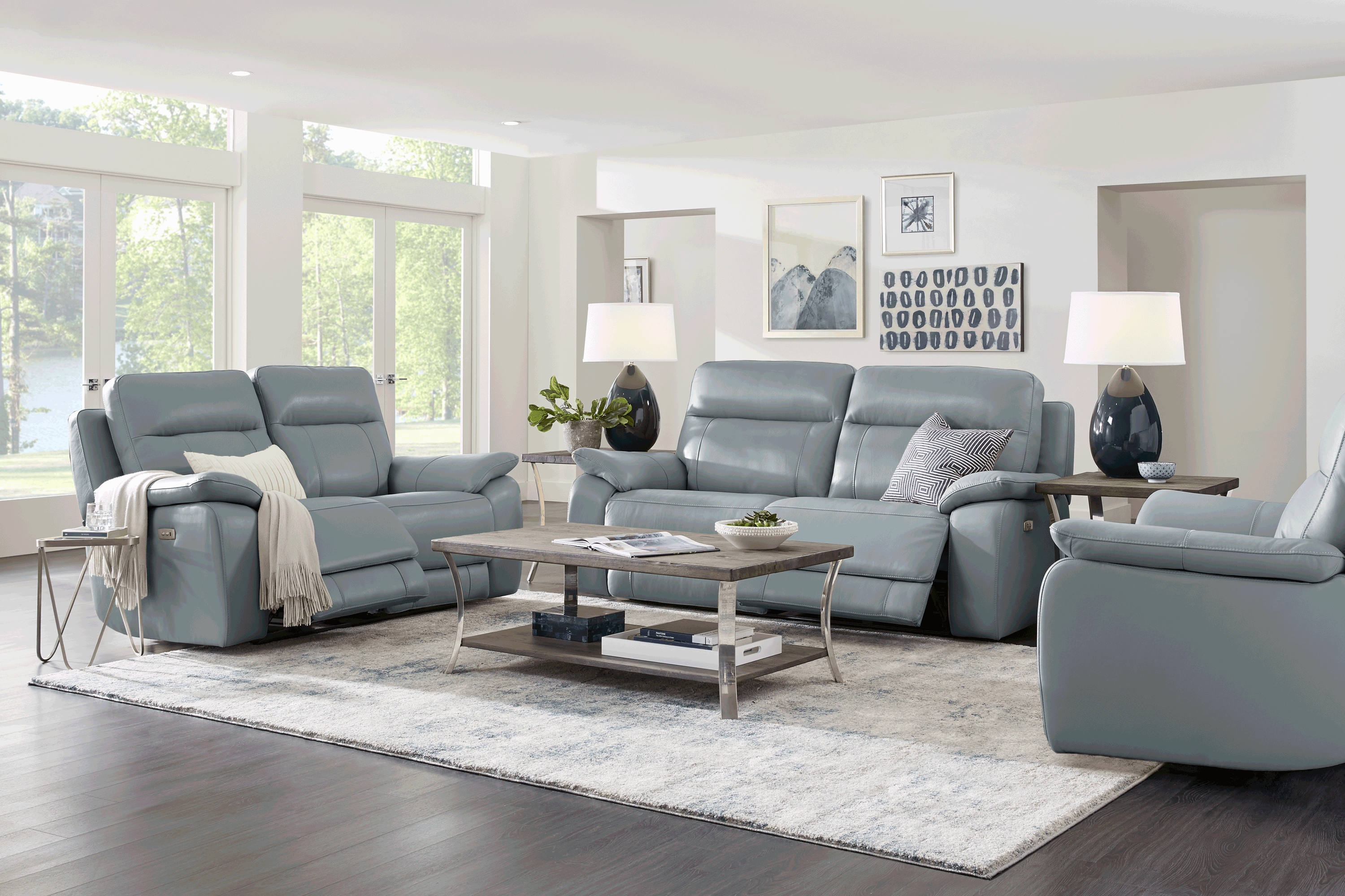 Torini Blue Leather 7 Pc Power Reclining Living Room - Thumbnail - Image 1