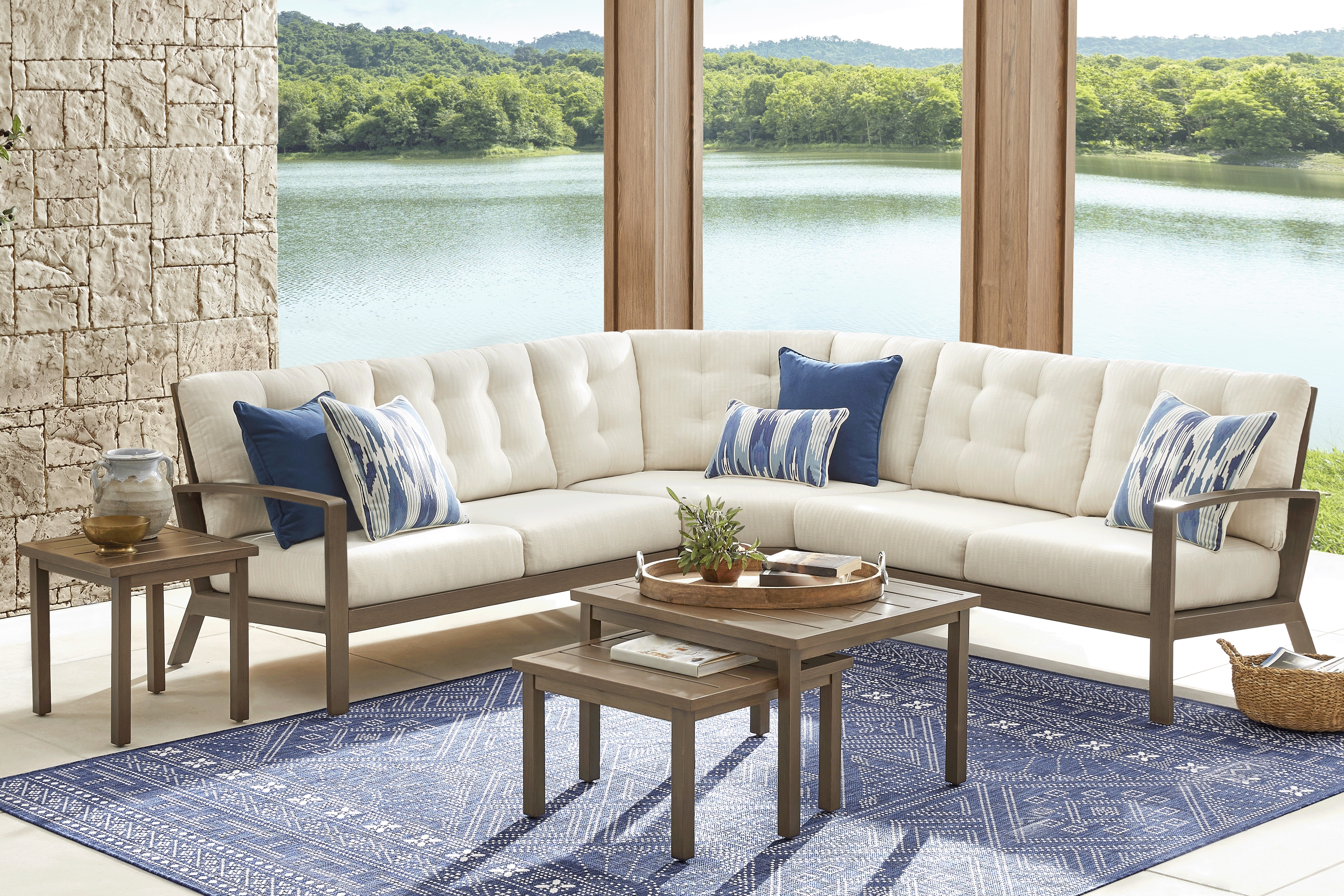 Torio Brown 3 Pc Outdoor Sectional with Oatmeal Cushions - Thumbnail - Image 2