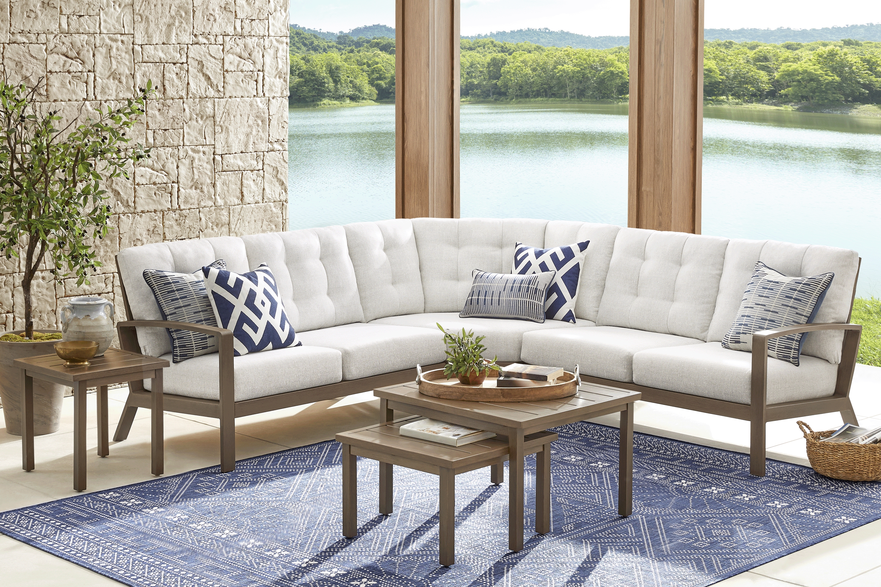 Torio Brown 3 Pc Outdoor Sectional with Silk-Colored Cushions - Thumbnail - Image 2