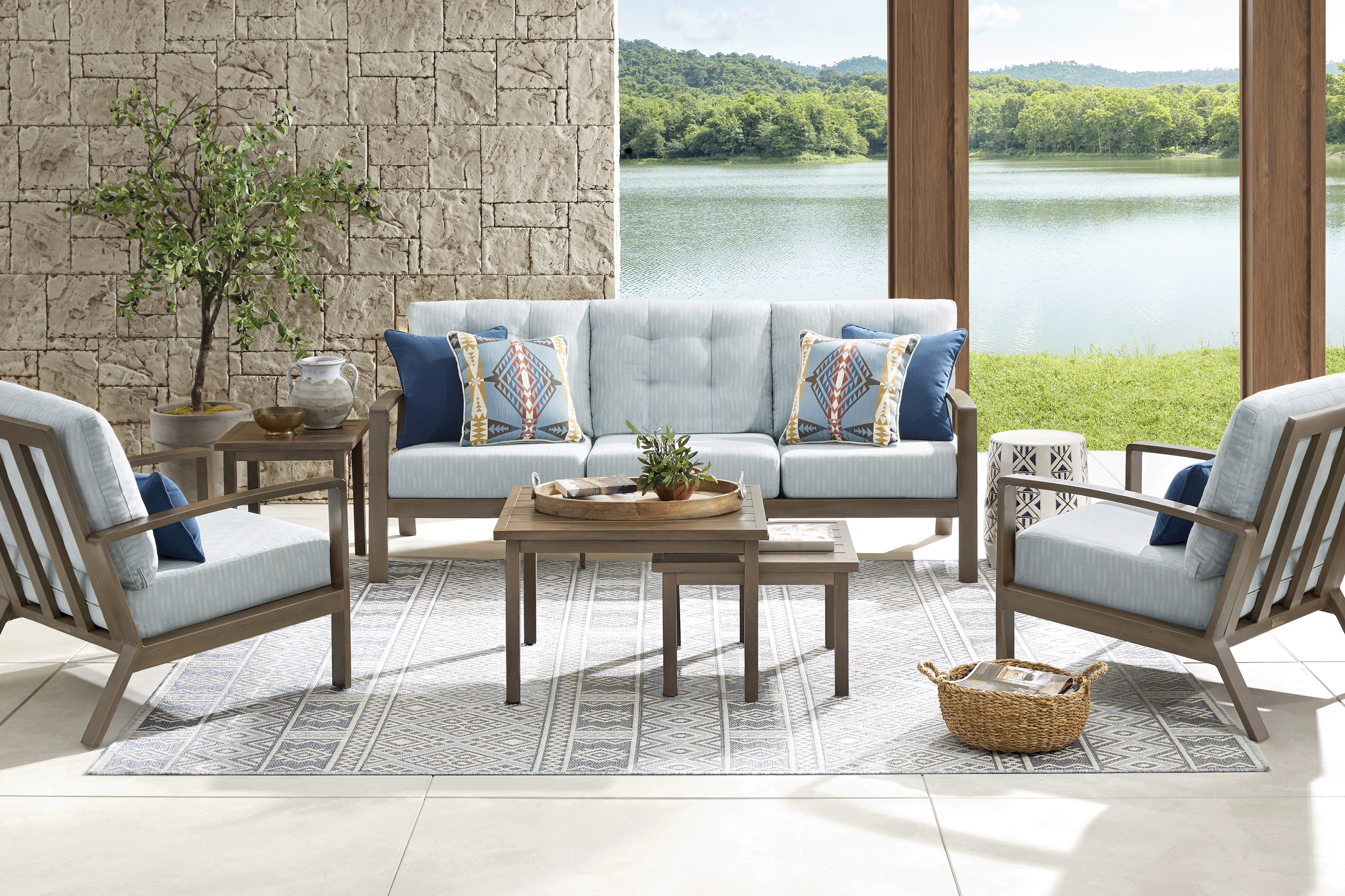 Torio Brown 5 Pc Outdoor Sofa Seating Set with Lake Cushions - Thumbnail - Image 1