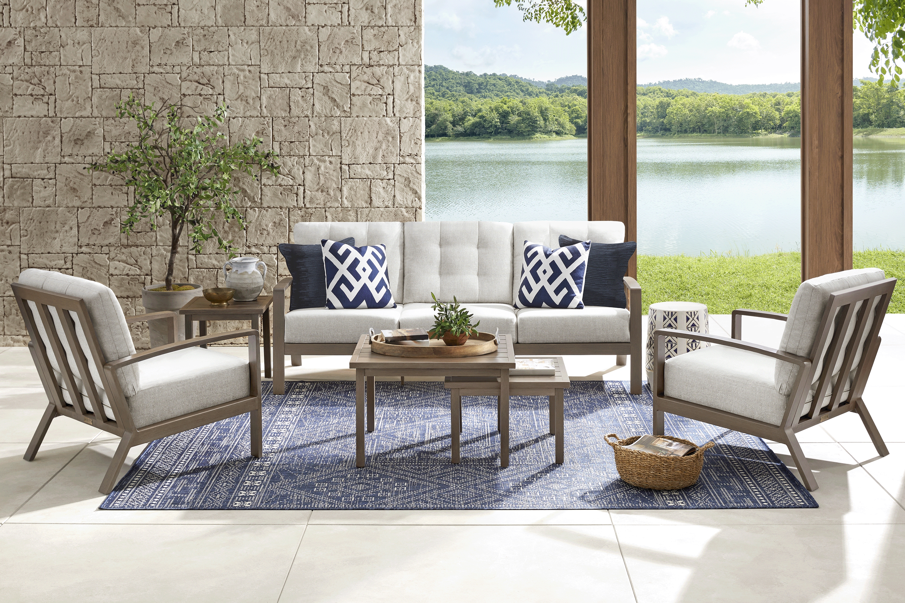 Torio Brown 5 Pc Outdoor Sofa Seating Set with Silk-Colored Cushions - Thumbnail - Image 1
