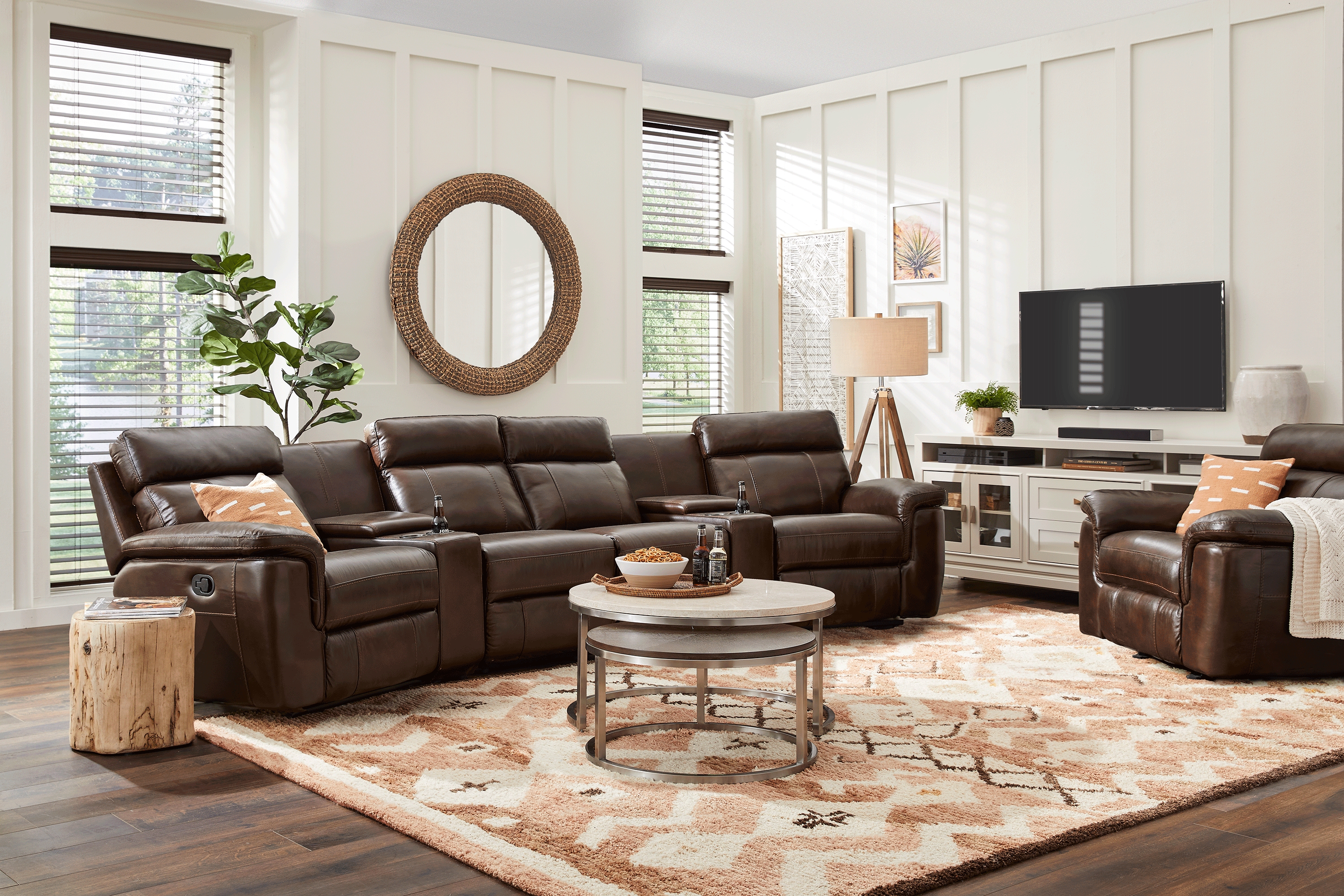 Trafalgar Square Mahogany Leather 6 Pc Reclining Sectional - Thumbnail - Image 2
