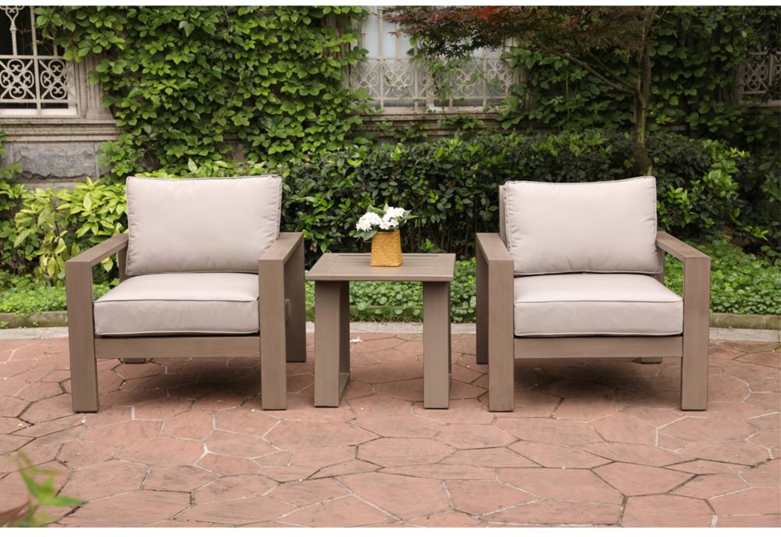 Travar Tan 3 Pc Outdoor Seating Set with Cream Cushions - Thumbnail - Image 1