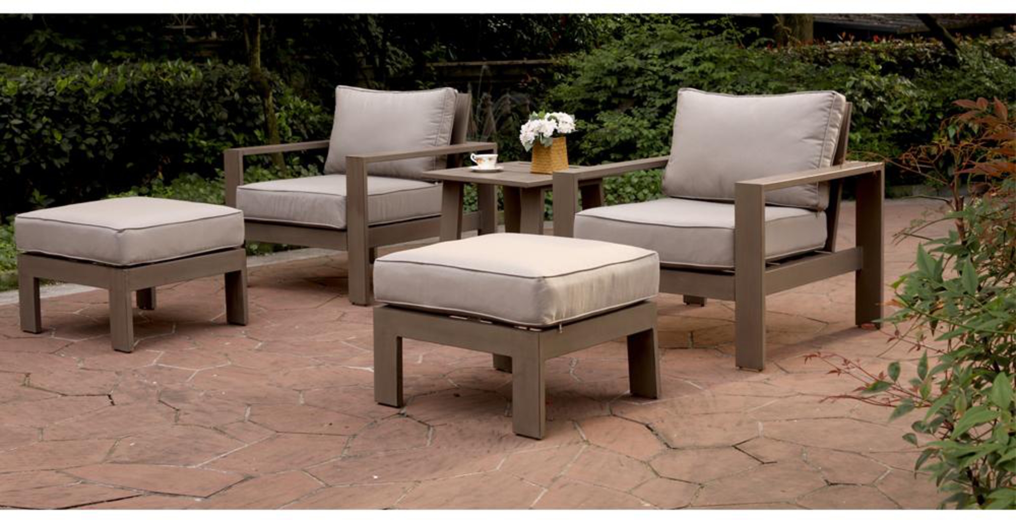 Travar Tan 5 Pc Outdoor Seating Set with Cream Cushions - Thumbnail - Image 1