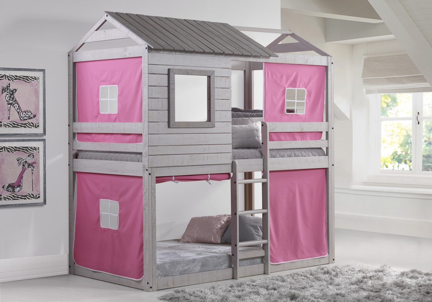 Treeline Cabin Gray Twin/Twin Jr. Loft Bed with Pink Tent - Thumbnail - Image 1
