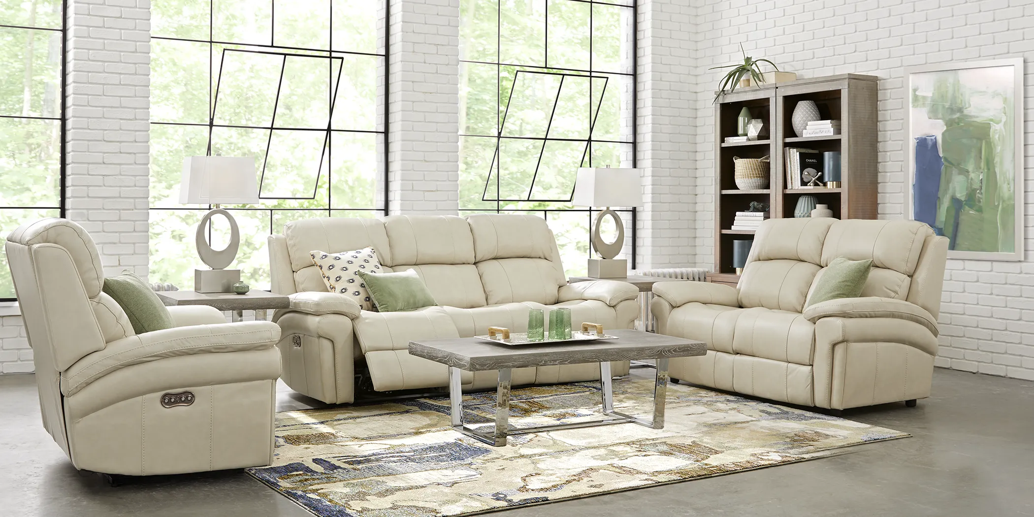 Trevino Cream Leather 7 Pc Living Room with Reclining Sofa - Thumbnail - Image 1