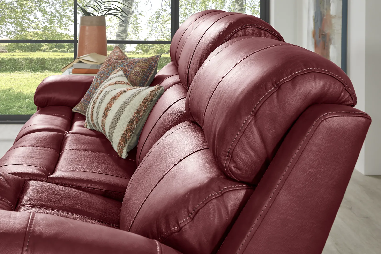 Trevino Place Burgundy Leather Dual Power Reclining Sofa - Image 5