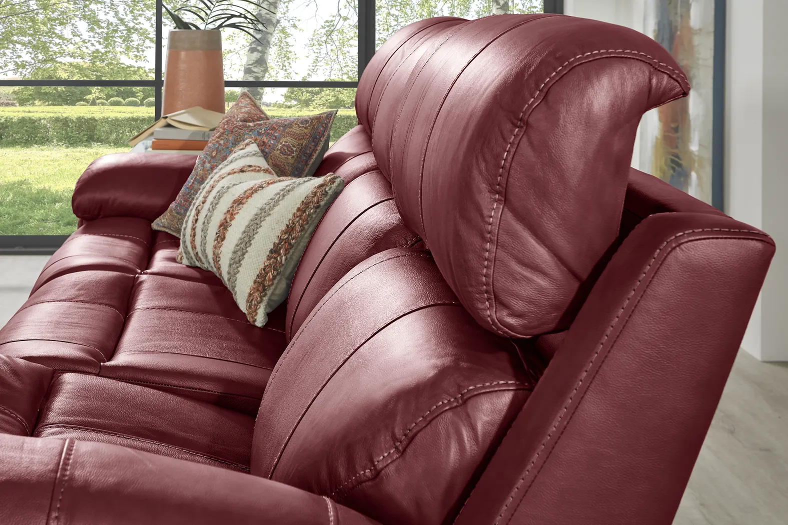 Trevino Place Burgundy Leather Dual Power Reclining Sofa - Image 6