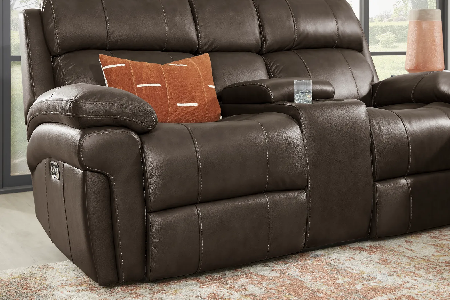 Trevino Place Chocolate Leather Dual Power Reclining Console Loveseat - Thumbnail - Image 3