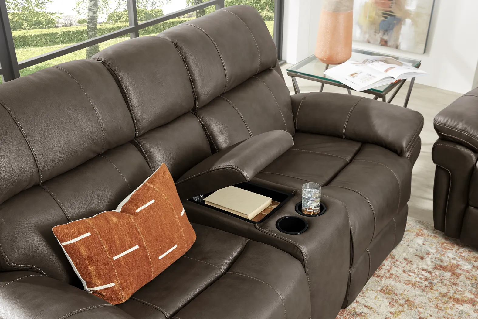 Trevino Place Chocolate Leather Dual Power Reclining Console Loveseat - Thumbnail - Image 4