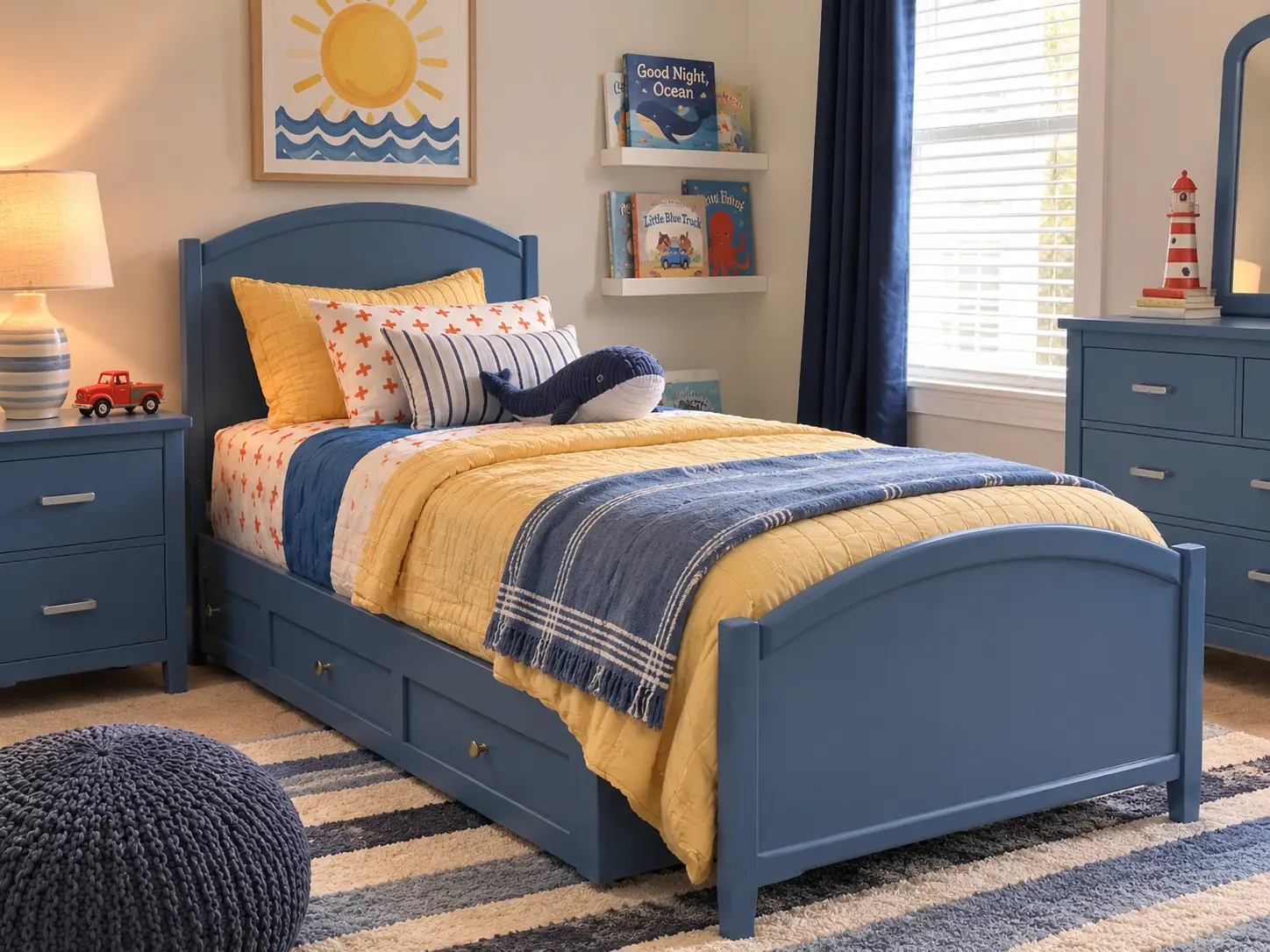 A blue twin bed with yellow bedding, storage drawers, and a whale plushie in a nautical-themed child's bedroom.