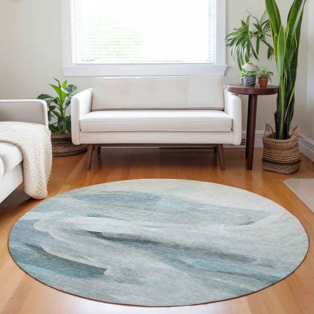 Tridi Teal 8' Round Machine Washable Rug - Thumbnail - Image 2