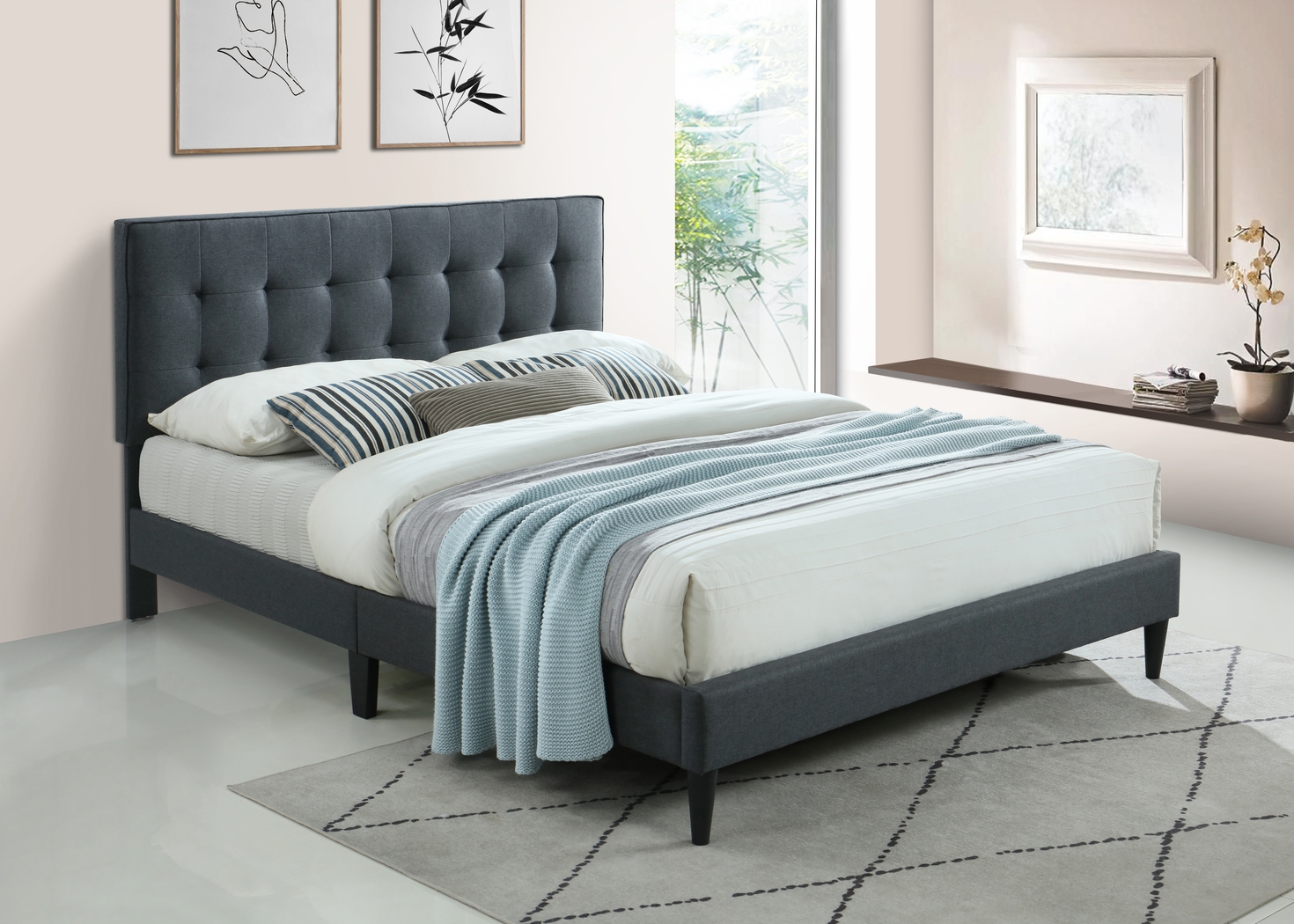 Tubae Charcoal Upholstered Queen Bed - Thumbnail - Image 3