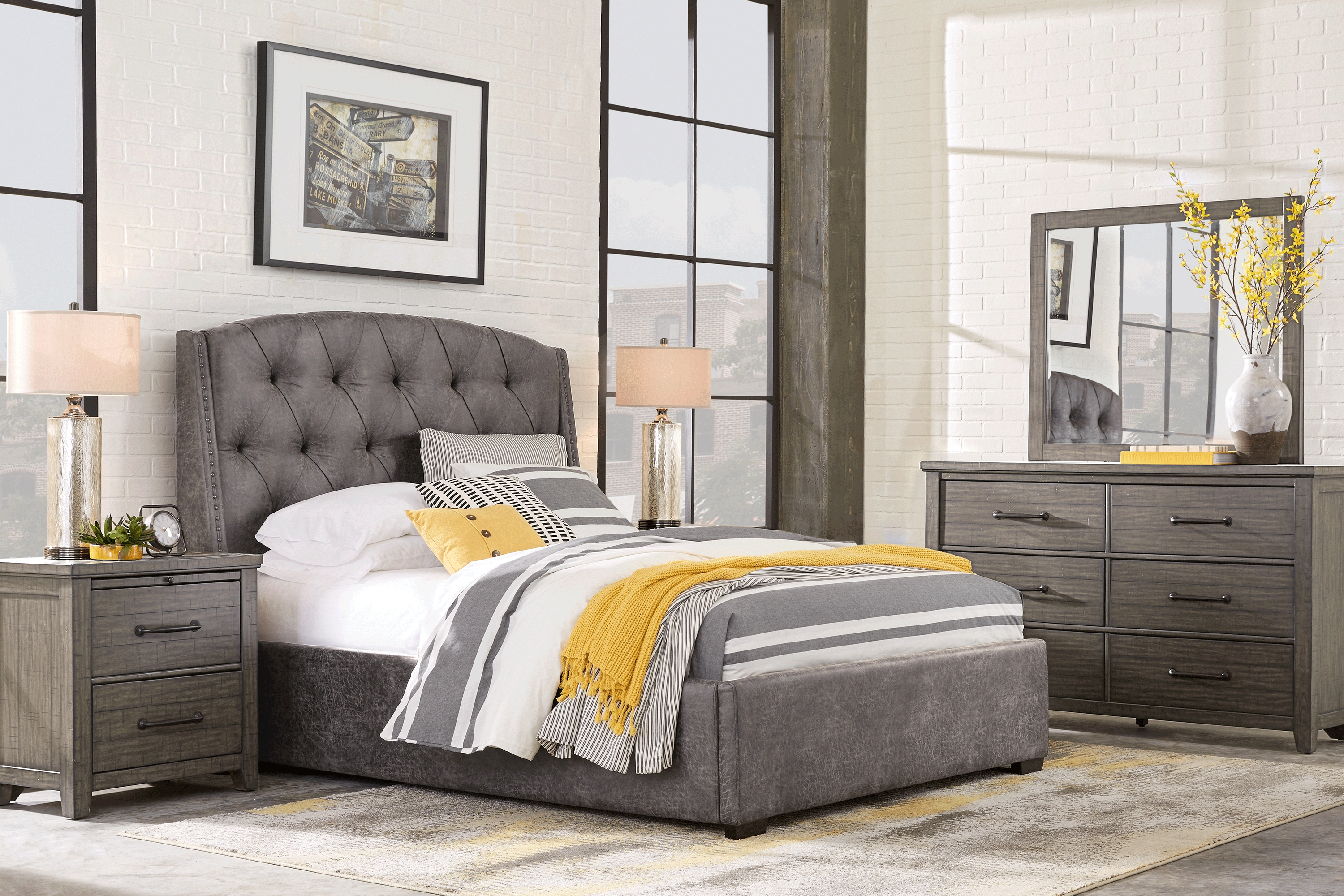 Urban Plains Gray 5 Pc Queen Upholstered Bedroom - Thumbnail - Image 1