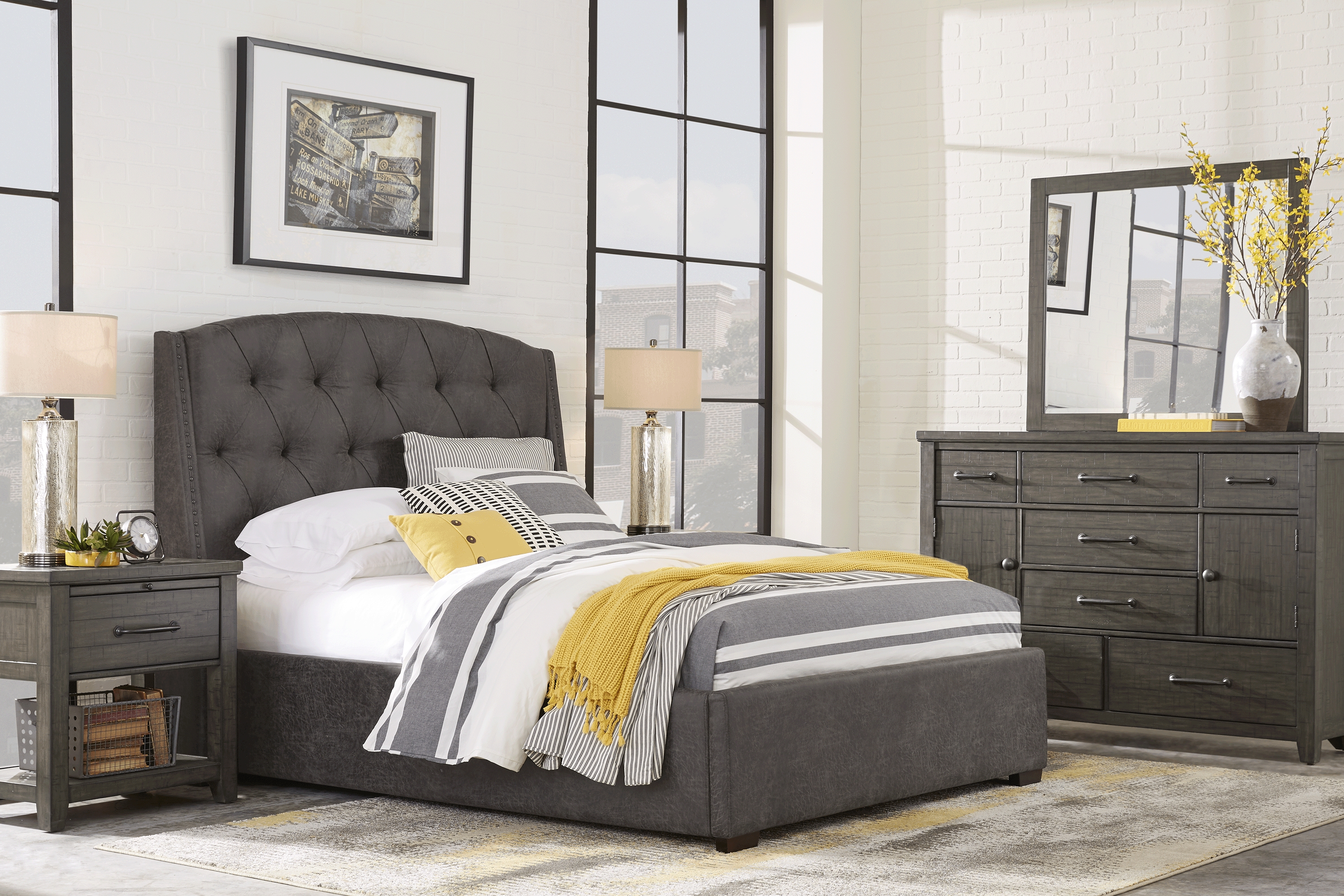 Urban Plains Gray 5 Pc Queen Upholstered Bedroom - Thumbnail - Image 1