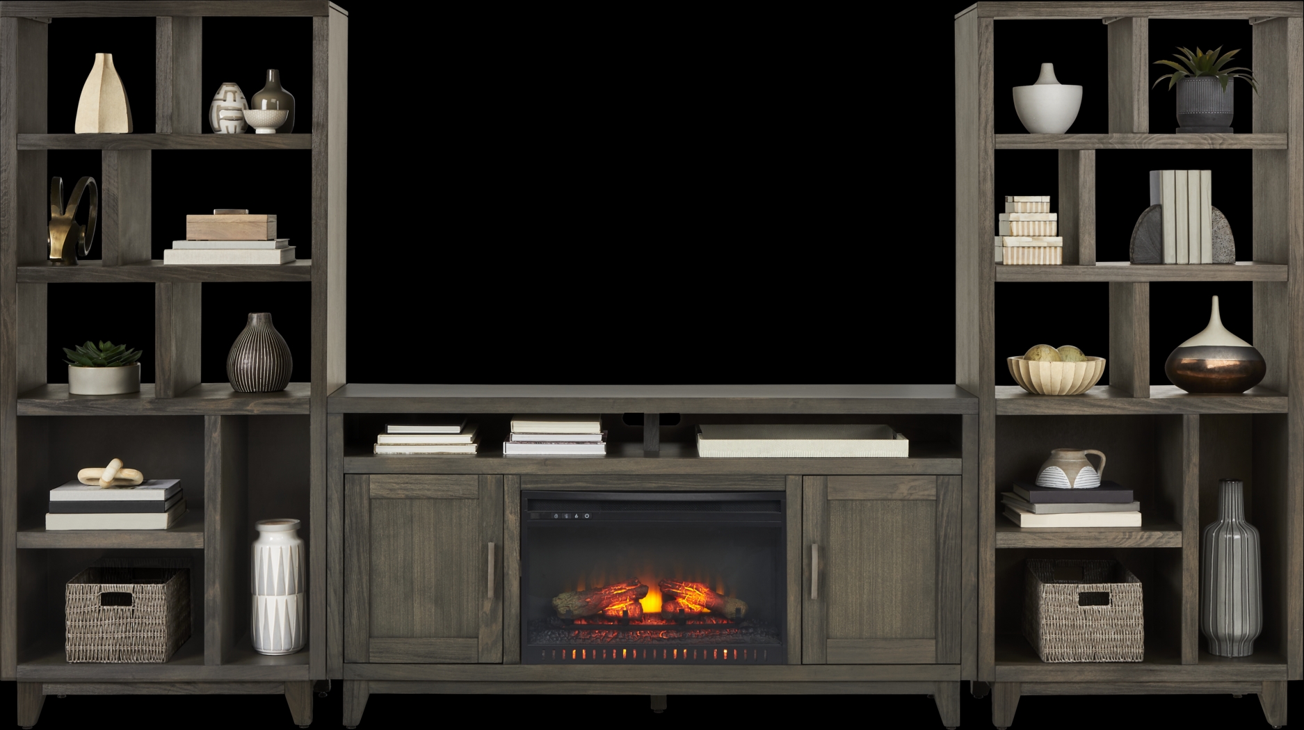 Valinor Brown 4 Pc Wall Unit with 64 in. Console and Electric Log Fireplace - Thumbnail - Image 2