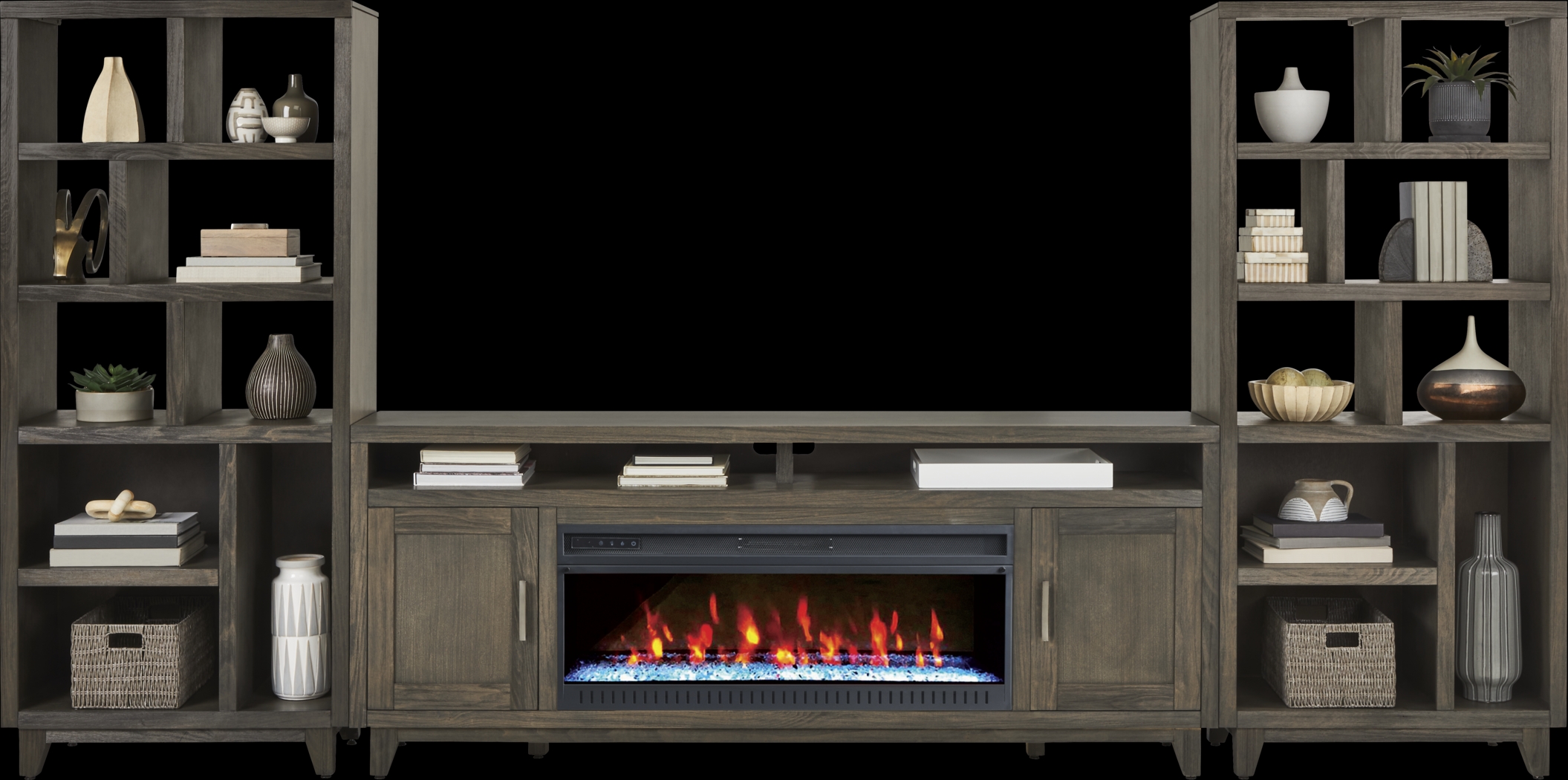Valinor Brown 4 Pc Wall Unit with 80 in. Console and Electric Fireplace - Thumbnail - Image 2