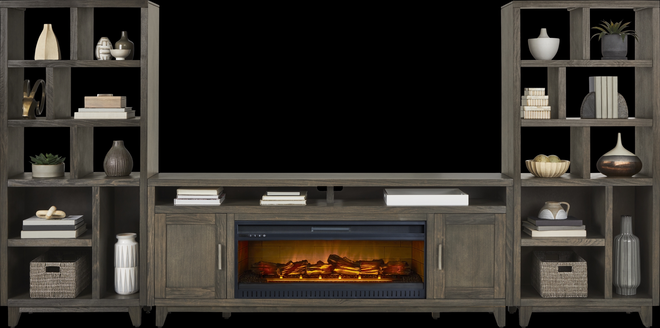 Valinor Brown 4 Pc Wall Unit with 80 in. Console and Electric Log Fireplace - Thumbnail - Image 2