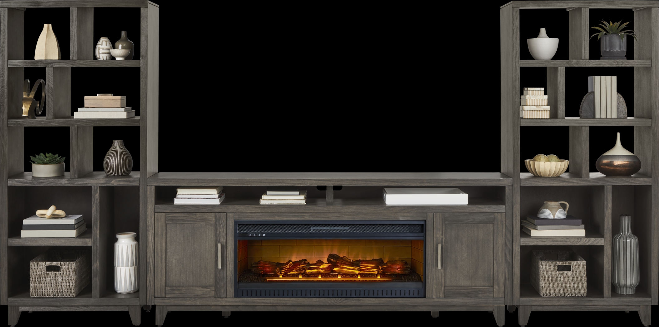 Valinor Smoke 4 Pc Wall Unit with 80 in. Console and Electric Log Fireplace - Thumbnail - Image 2