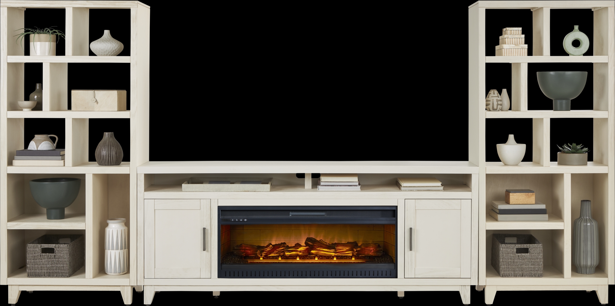 Valinor White 4 Pc Wall Unit with 80 in. Console and Electric Log Fireplace - Thumbnail - Image 2