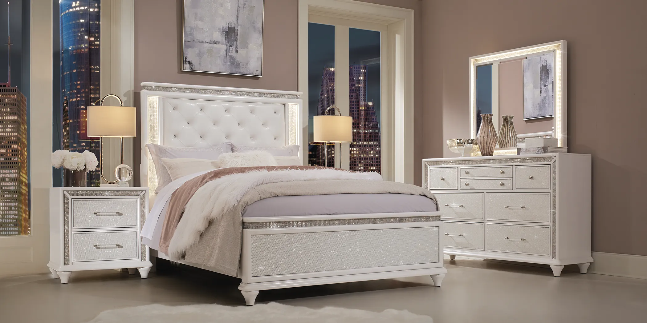Vegas White 8 Pc King Panel Bedroom - Thumbnail - Image 2