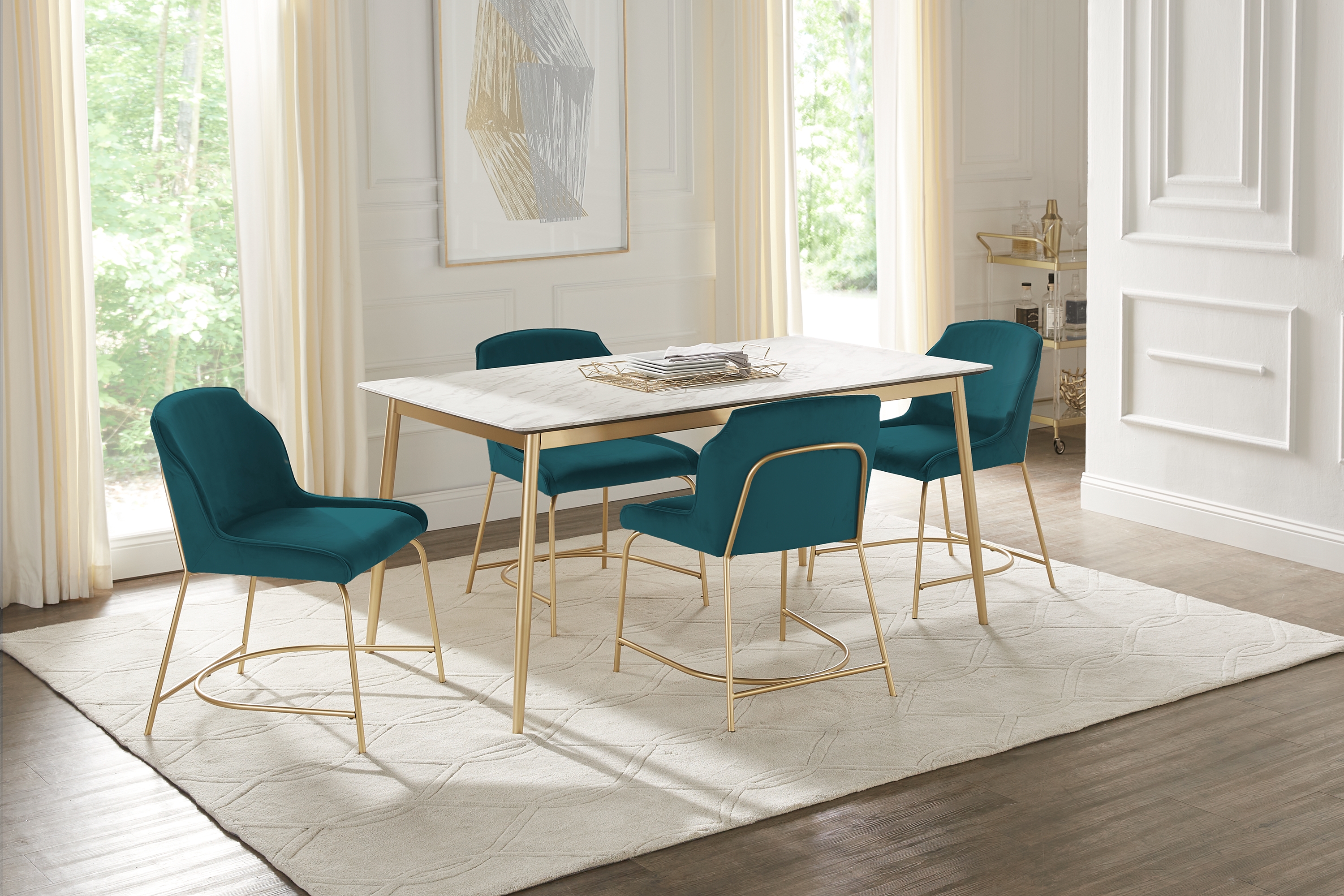 Venetian Court Gold 5 Pc Dining Room with Teal Chairs - Thumbnail - Image 1