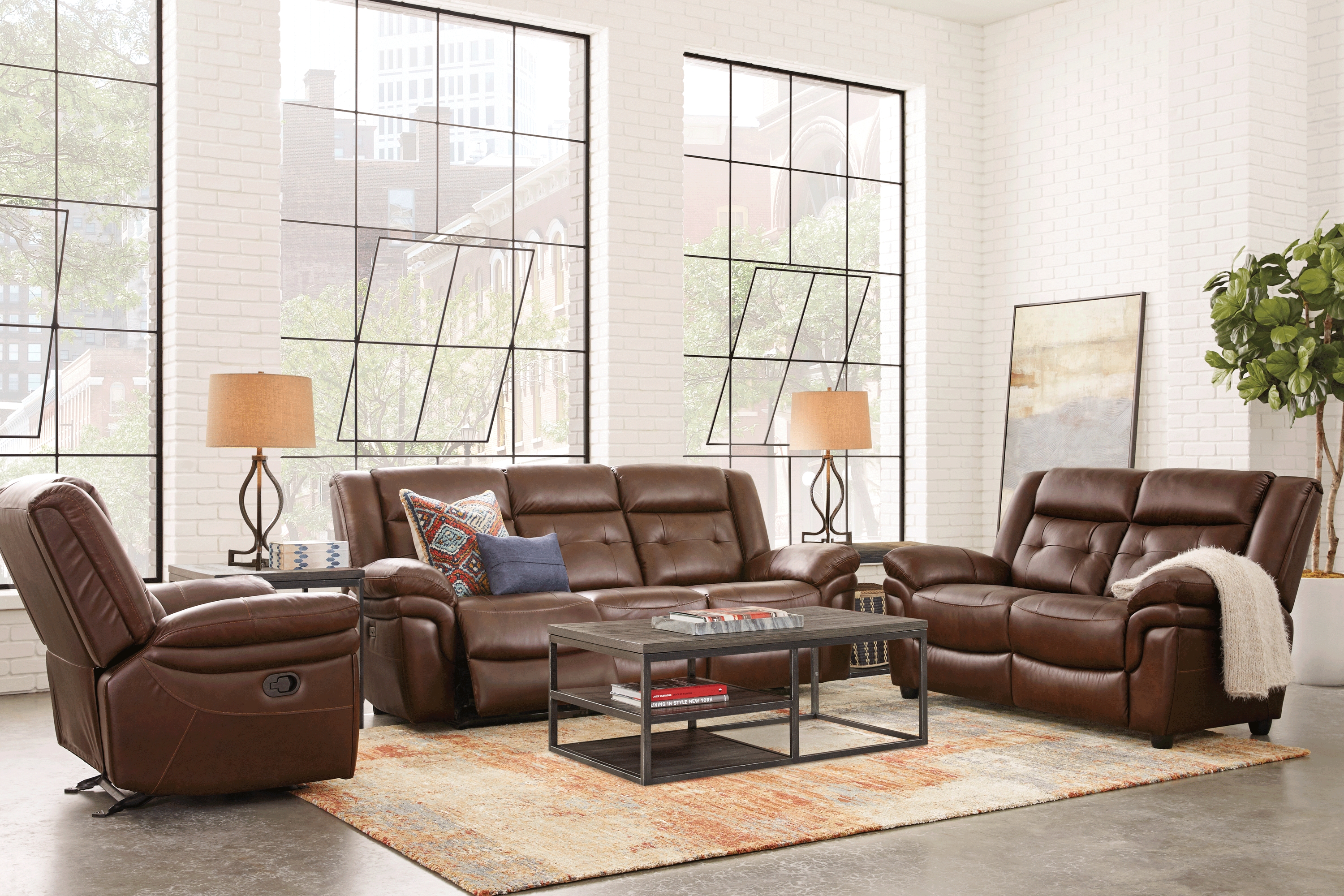 Ventoso Brown Leather 7 Pc Living Room with Reclining Sofa - Thumbnail - Image 1