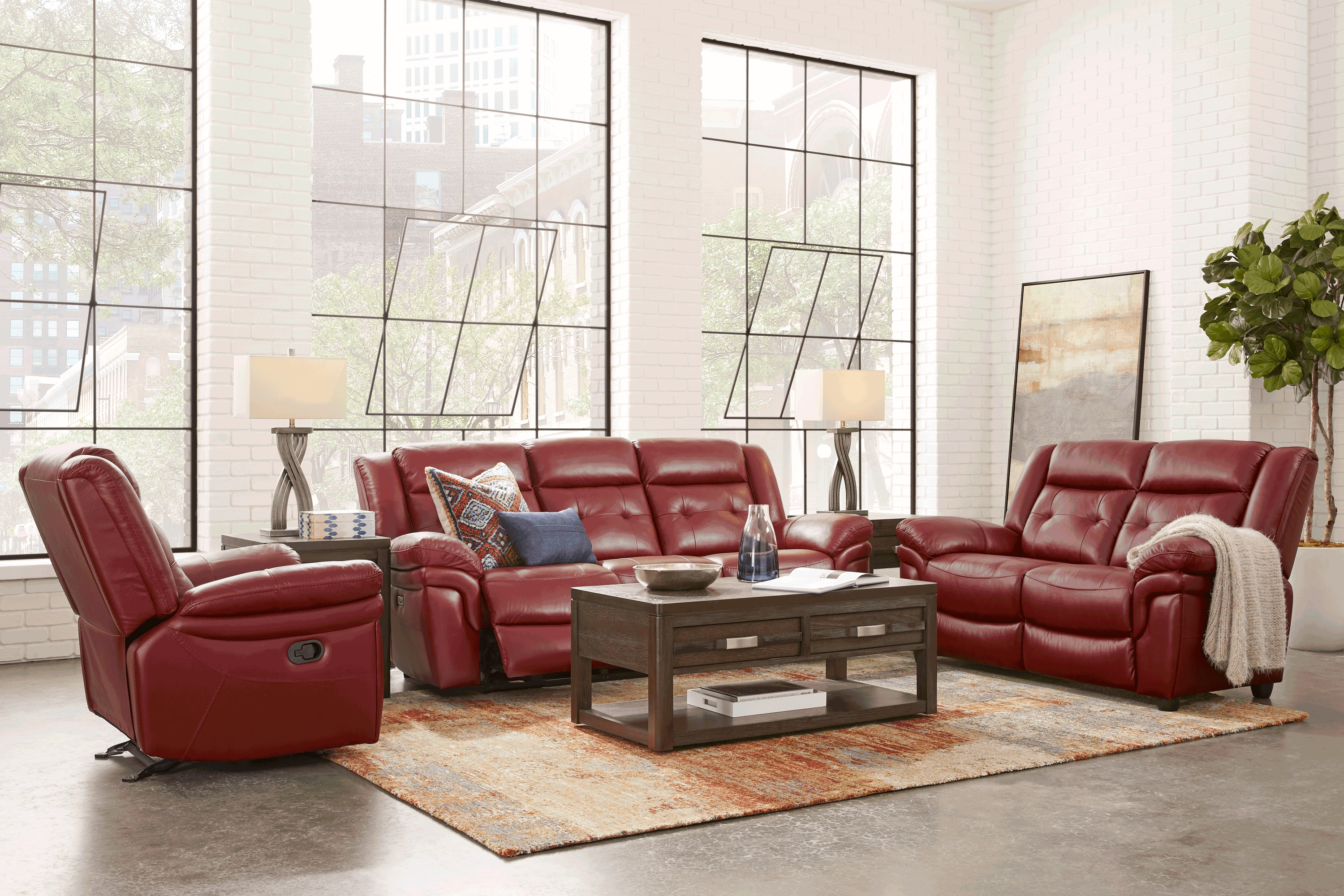 Ventoso Red Leather 2 Pc Living Room with Reclining Sofa - Thumbnail - Image 1