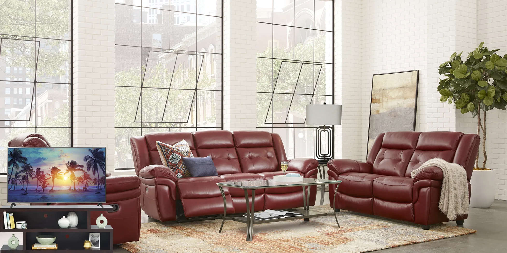 Ventoso Red Leather 6 Pc Living Room with Reclining Sofa Plus 70 in. TV - Thumbnail - Image 1