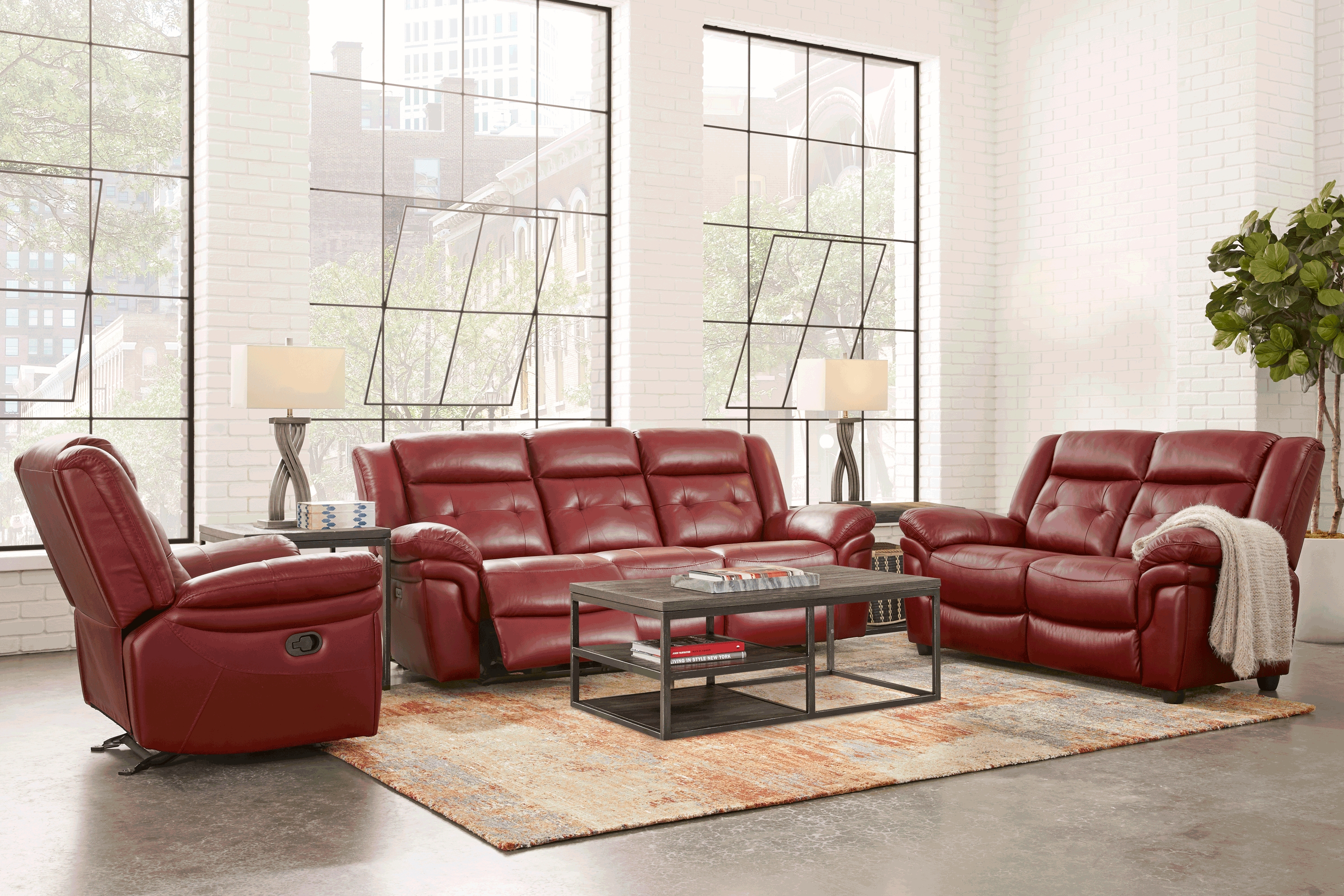 Ventoso Red Leather 7 Pc Living Room with Reclining Sofa - Thumbnail - Image 1