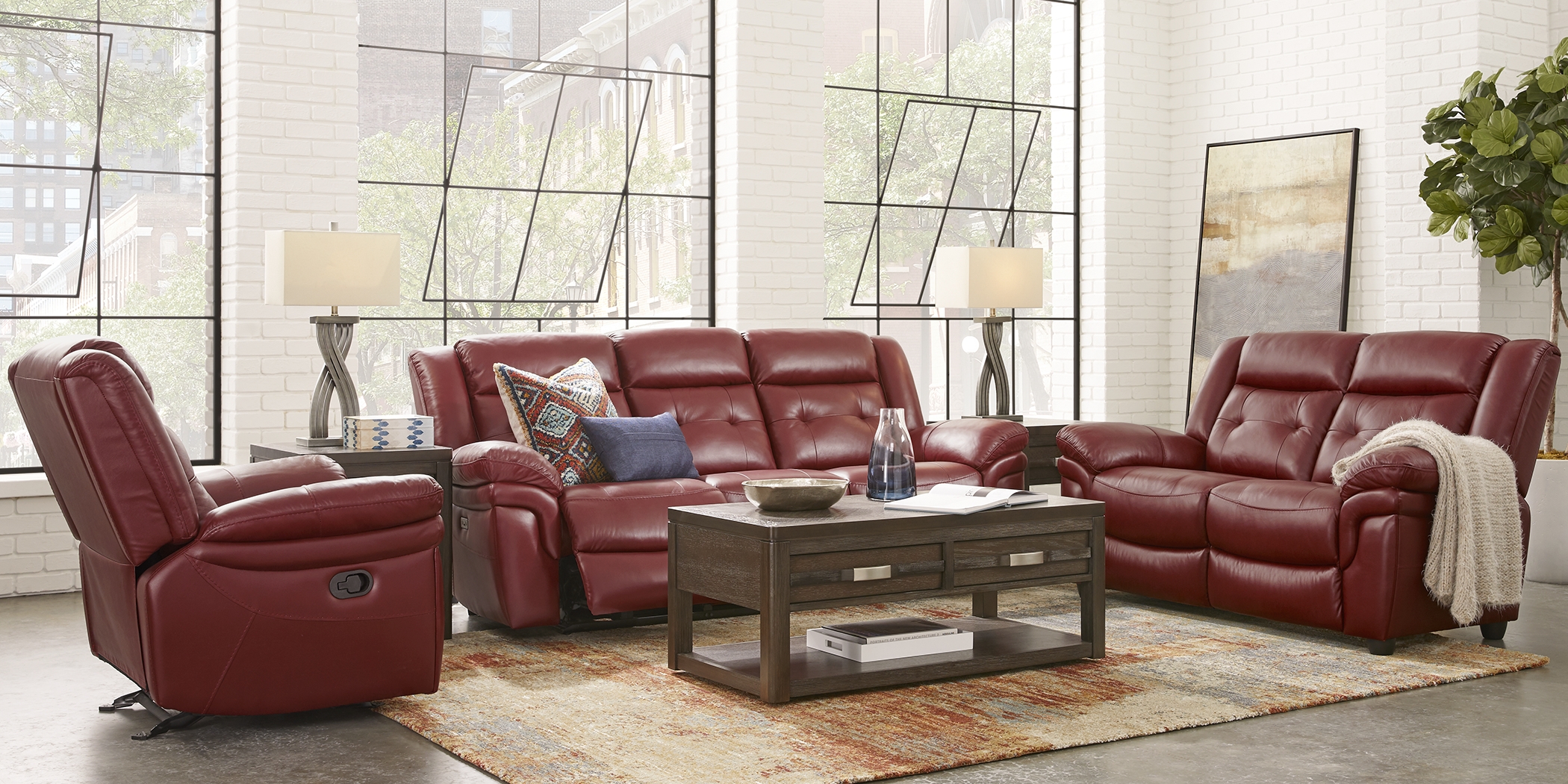 Ventoso Red Leather 7 Pc Living Room with Reclining Sofa - Thumbnail - Image 1