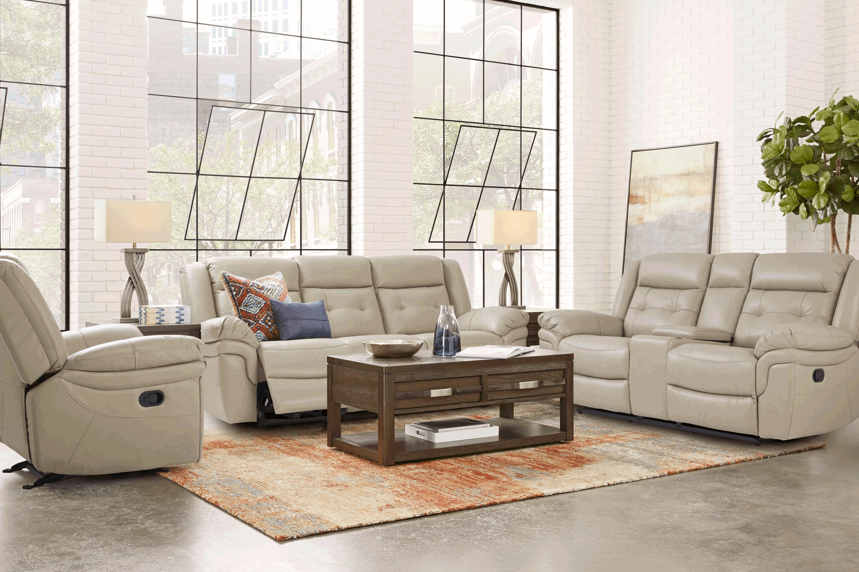 Ventoso Sand Leather 3 Pc Reclining Living Room - Thumbnail - Image 1