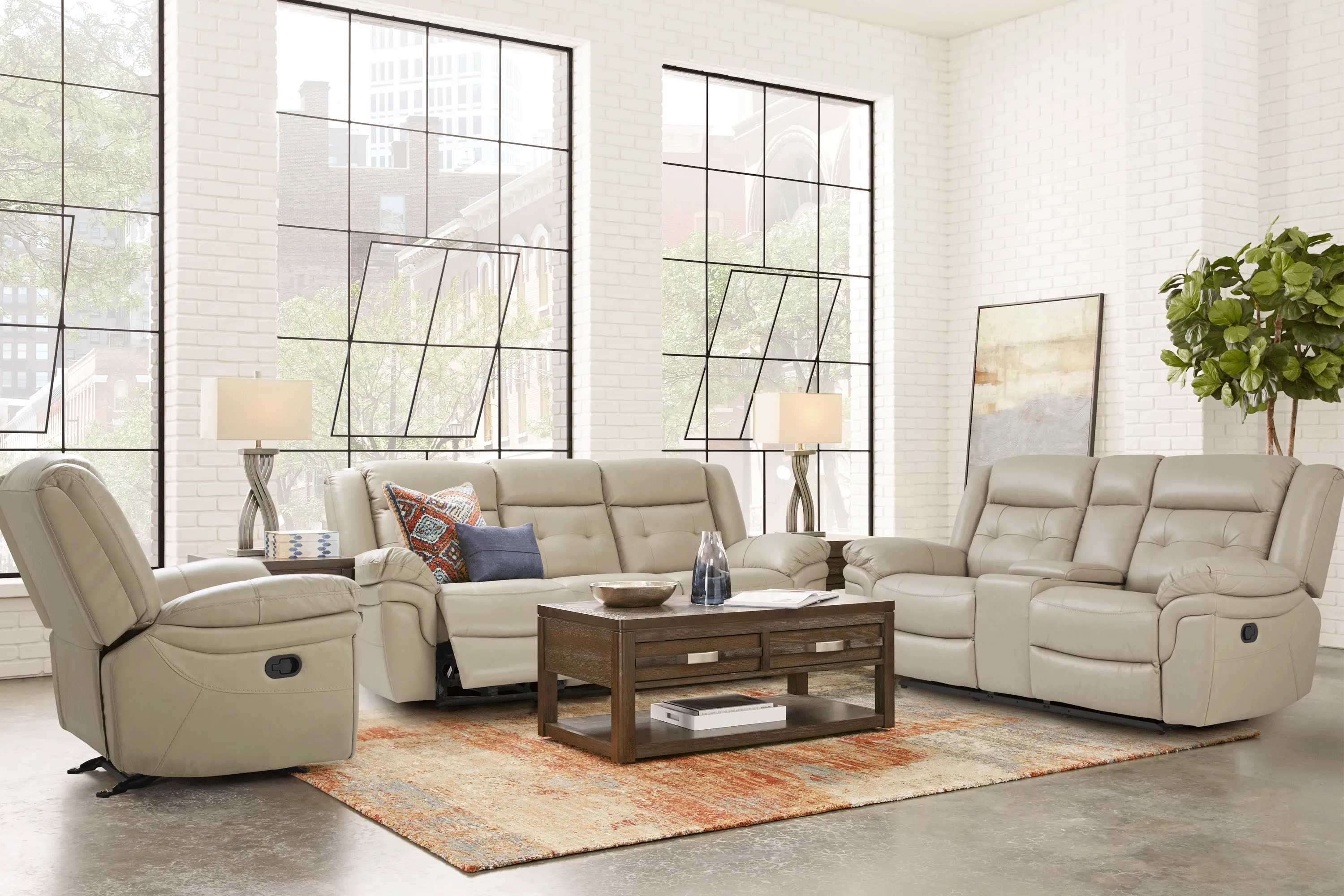 Ventoso Sand Leather 5 Pc Reclining Living Room - Thumbnail - Image 1