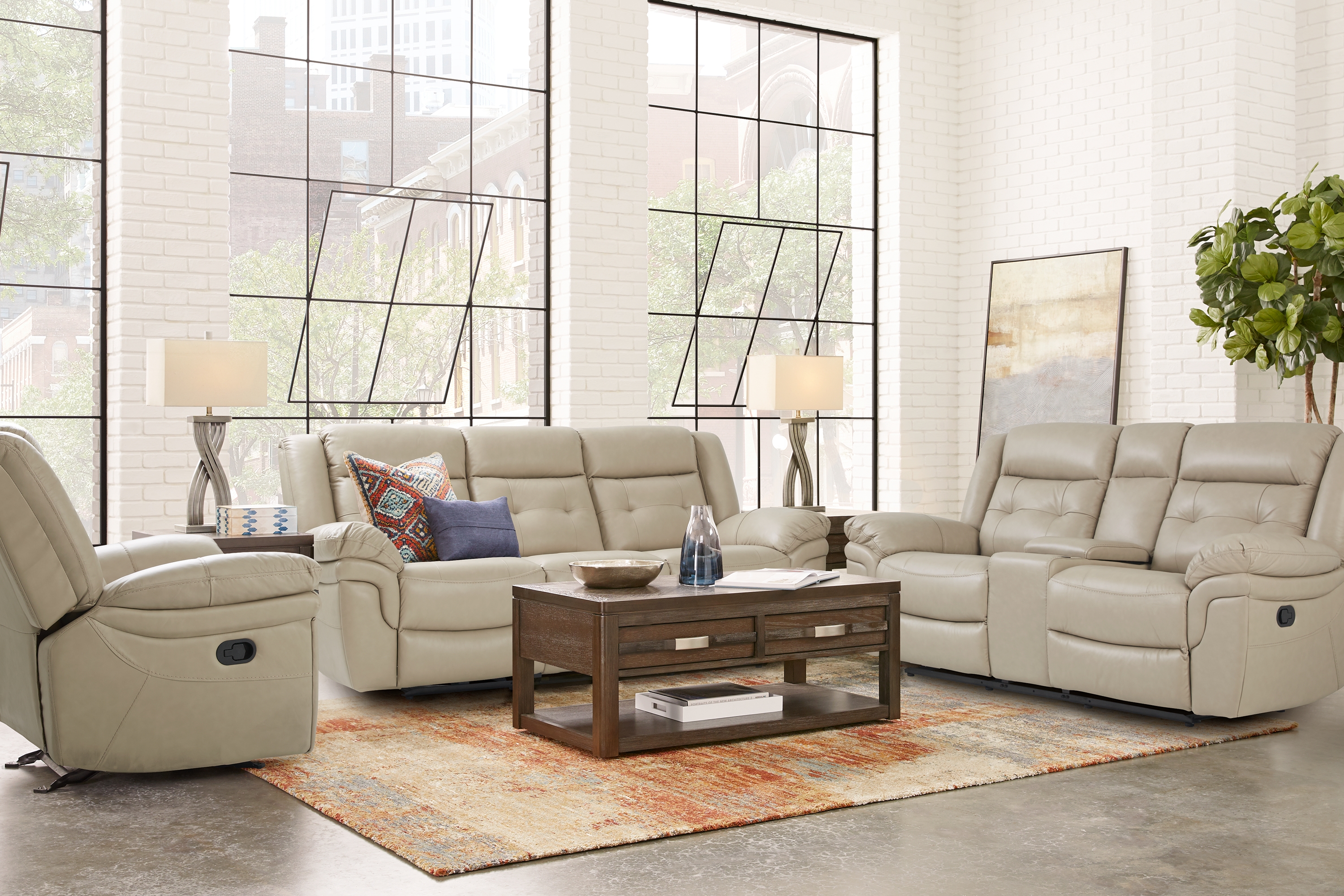 Ventoso Sand Leather 5 Pc Reclining Living Room - Thumbnail - Image 1