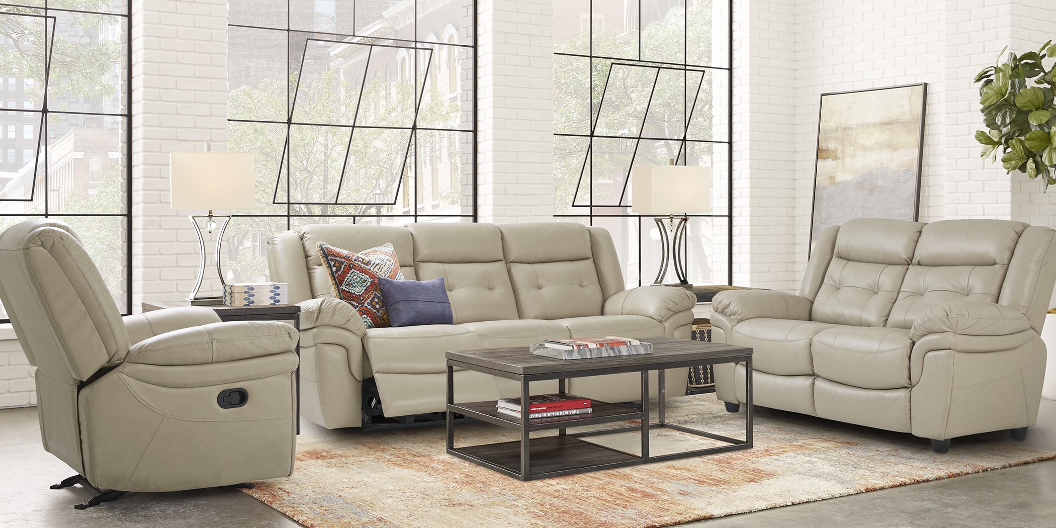 Ventoso Sand Leather 7 Pc Living Room with Reclining Sofa - Thumbnail - Image 1