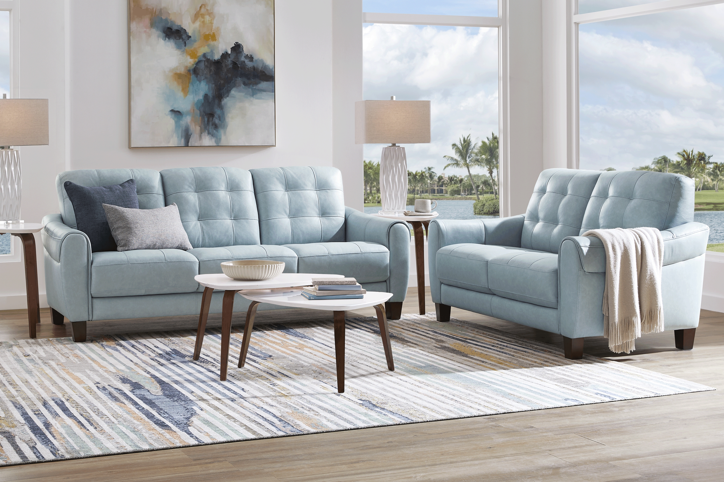 Ventura Square Blue Leather 5 Pc Living Room - Thumbnail - Image 1
